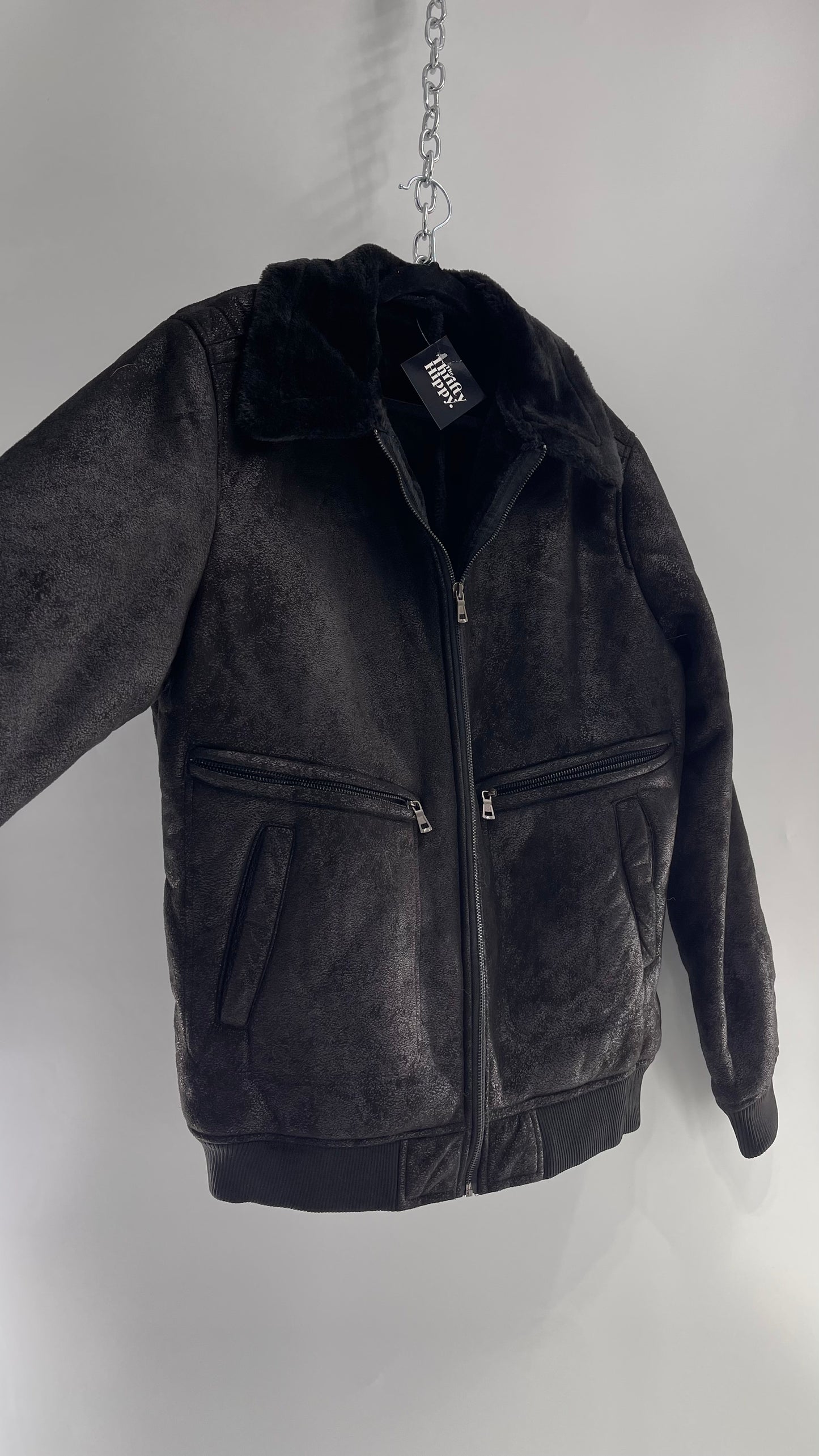 Black Faux Suede Bomber Jacket with Shearling Fur Lining (XL)