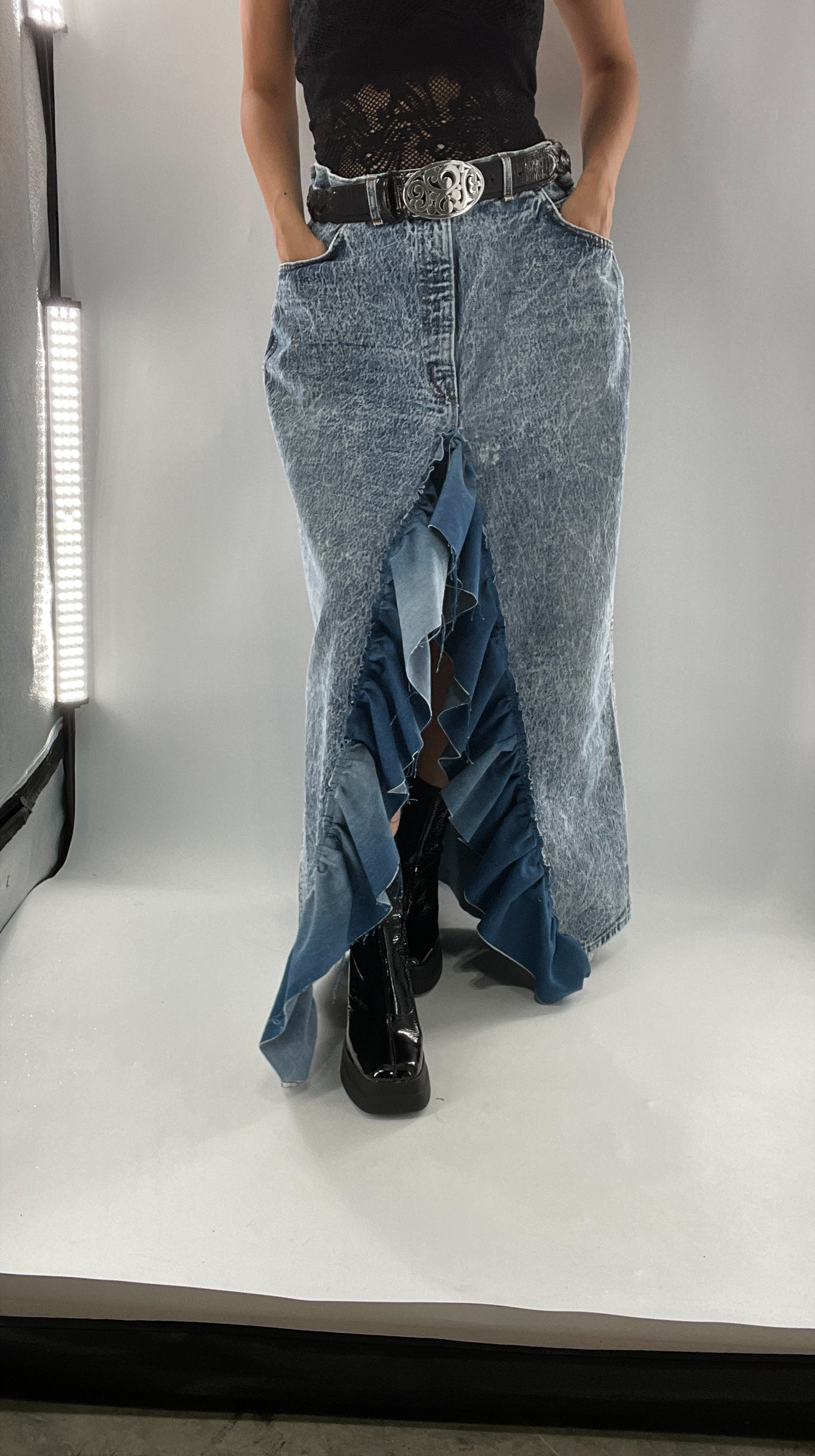 Custom Handmade Acid Wash Denim Slit Front Ruffled Skirt with Bow Bum (Large)