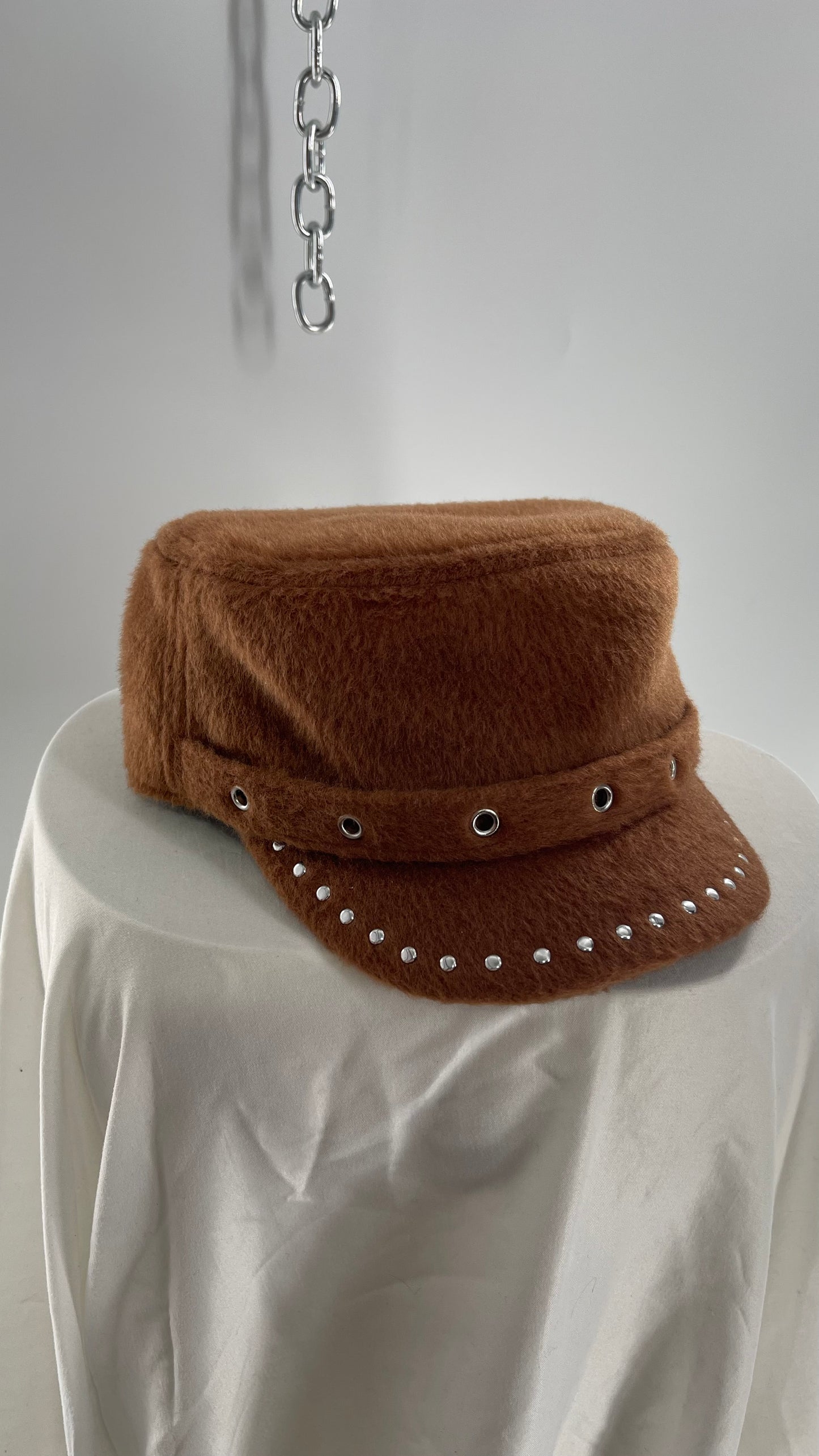 Studded Fuzzy Brown Newsboy Cap