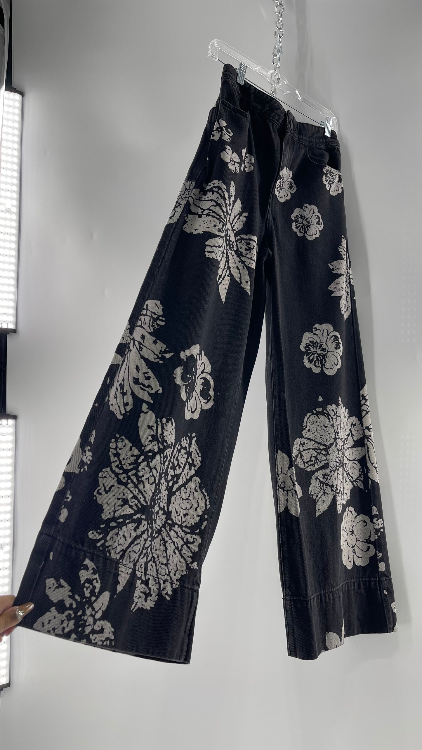 Free People Black Wide Leg Jeans with White Hibiscus Floral Design (29)