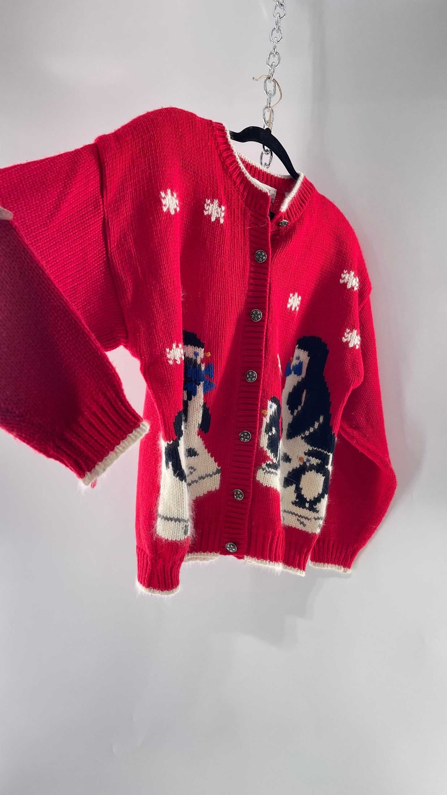 Vintage Karen Scott Silver Button Front, Red Cardigan with Shoulder Padding and the Sweetest Festive Penguins in Bow Ties (Large)