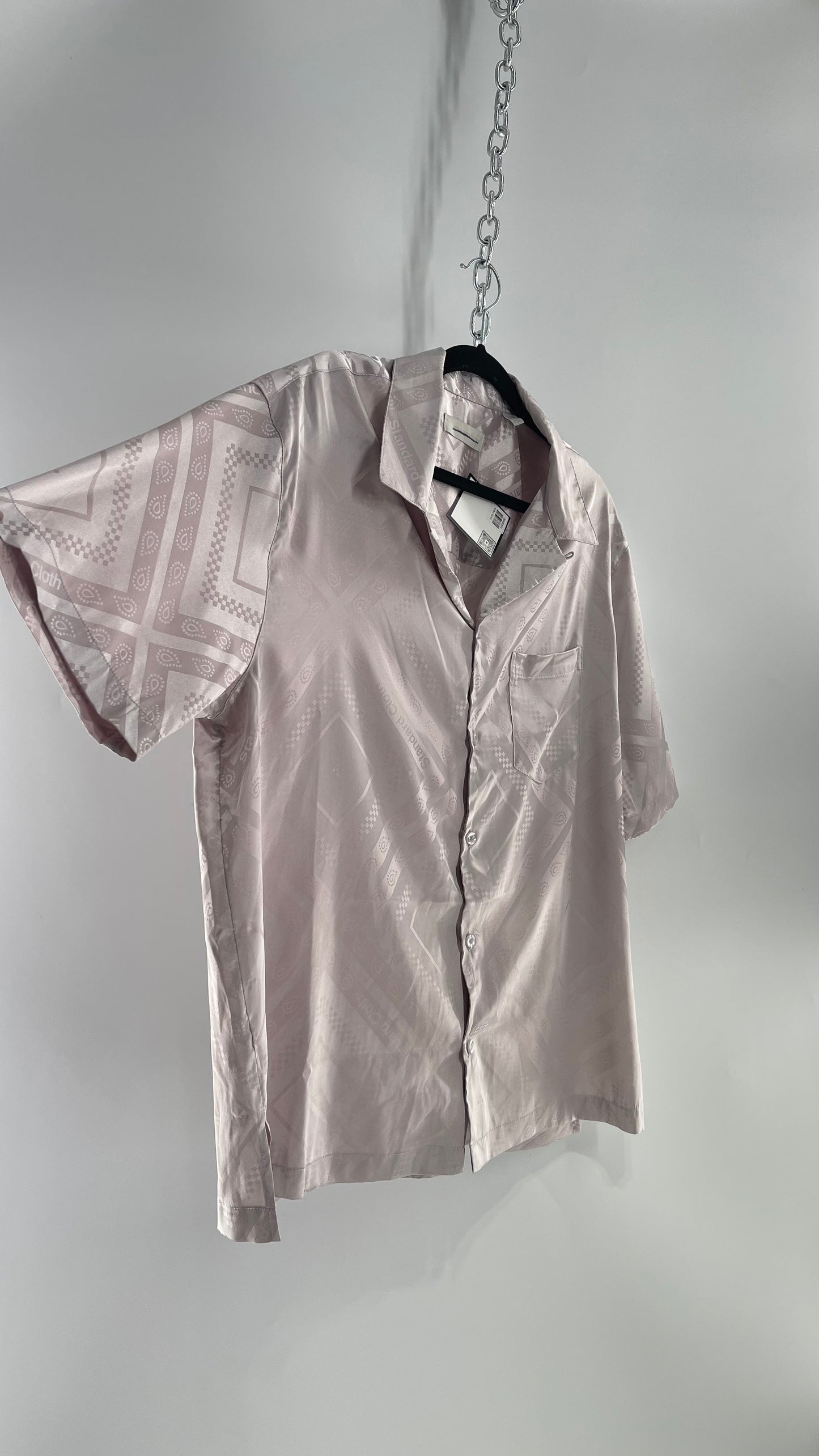 STANDARD CLOTH Silver/Lilac Silky Shiny Button Up Short Sleeve (Large)