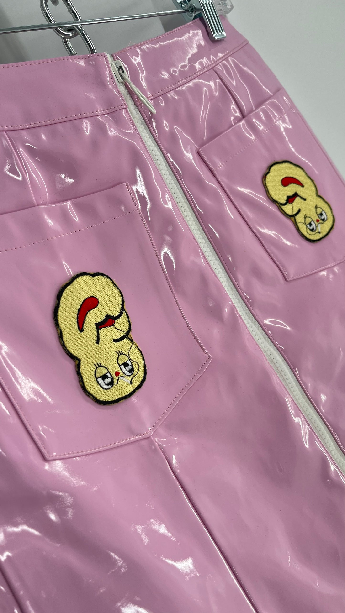 Lazy Oaf X Esther Bunny Pink Zip Front Mini Skirt with Smoking Bunny Embroidered Patches (26)