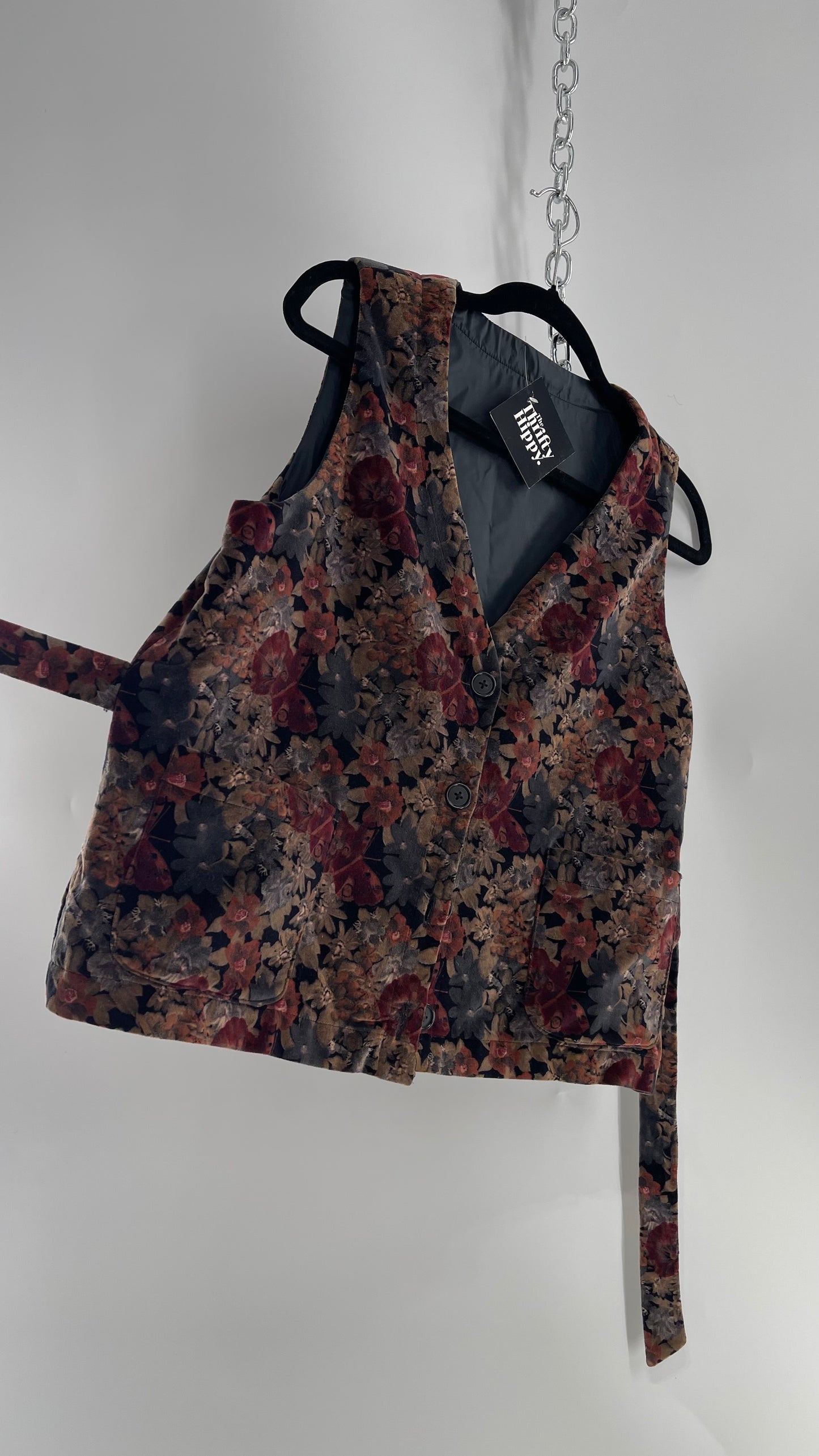 Vintage Muted Florals Velvet Vest with Front Pockets and Waist Tie (Medium)