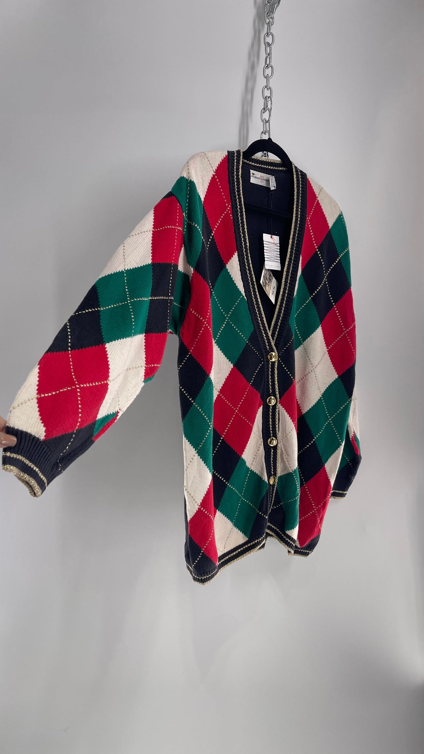 Vintage Urban Outfitters Renewal Argyle Christmas Cardigan with Tags Attached (Large)