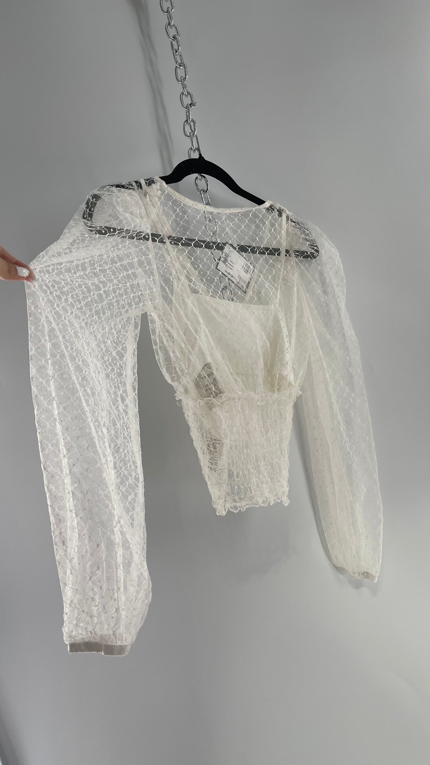 Free People White Embroidered Mesh Blouse with Keyhole Back and Balloon Sleeves (XS)