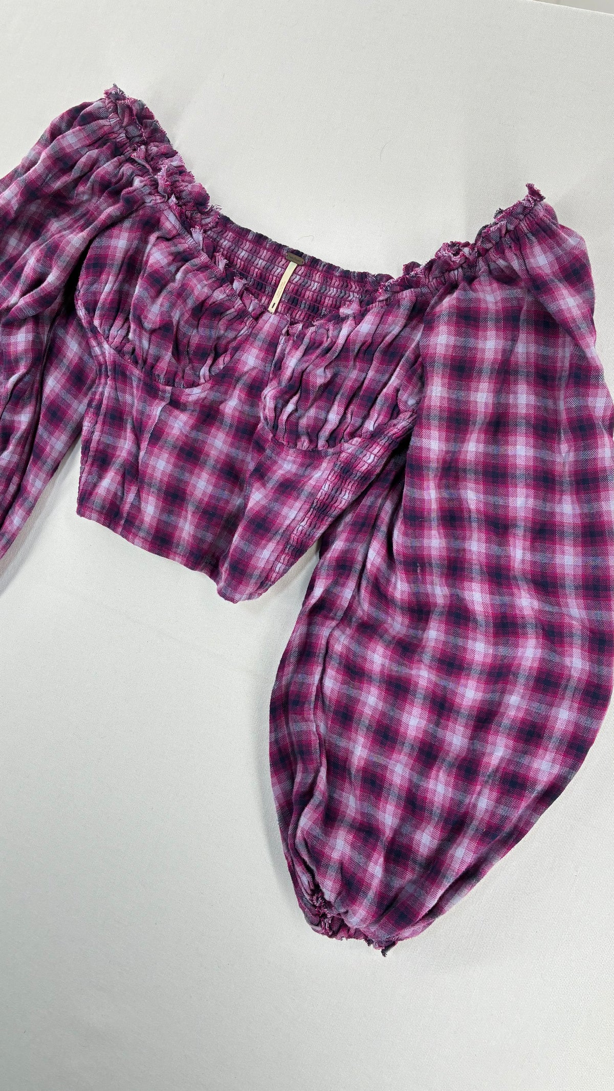 Free People Purple Plaid Bubble Sleeve Blouse with Milkmaid Bust (Small)
