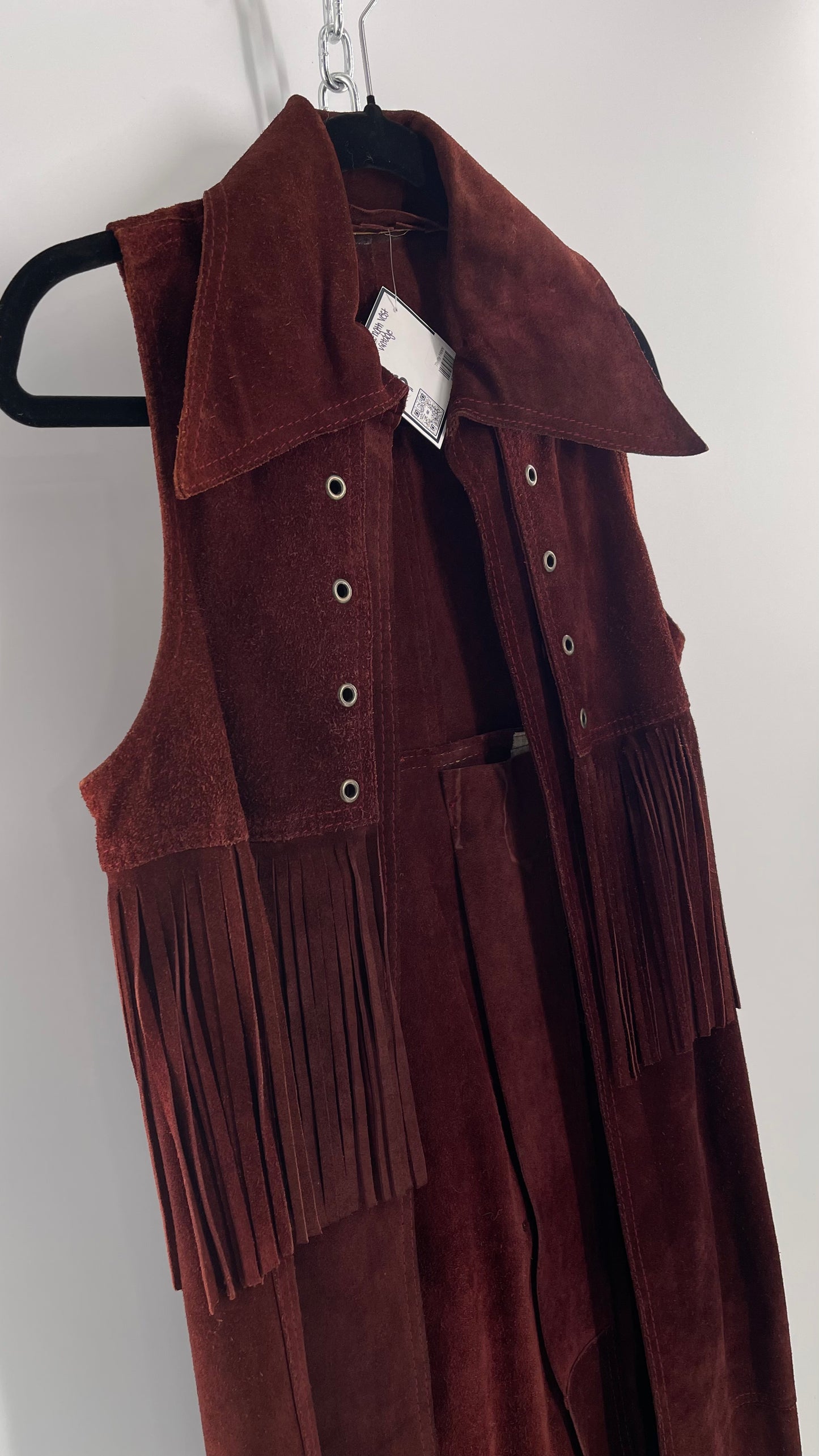 Vintage 1970s Suede Leather Full Length Reddish Brown Vest (S/M)