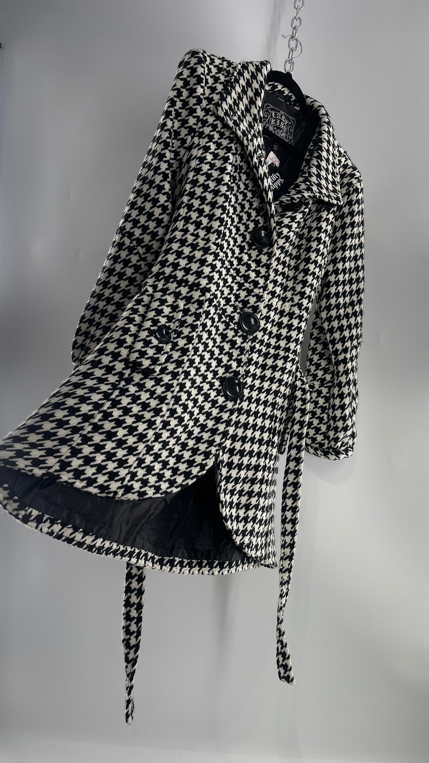 Deadstock Vintage Last Kiss Houndstooth Coat with Bubble Sleeve, Waist Tie, and Sweeping Hem (XXL)