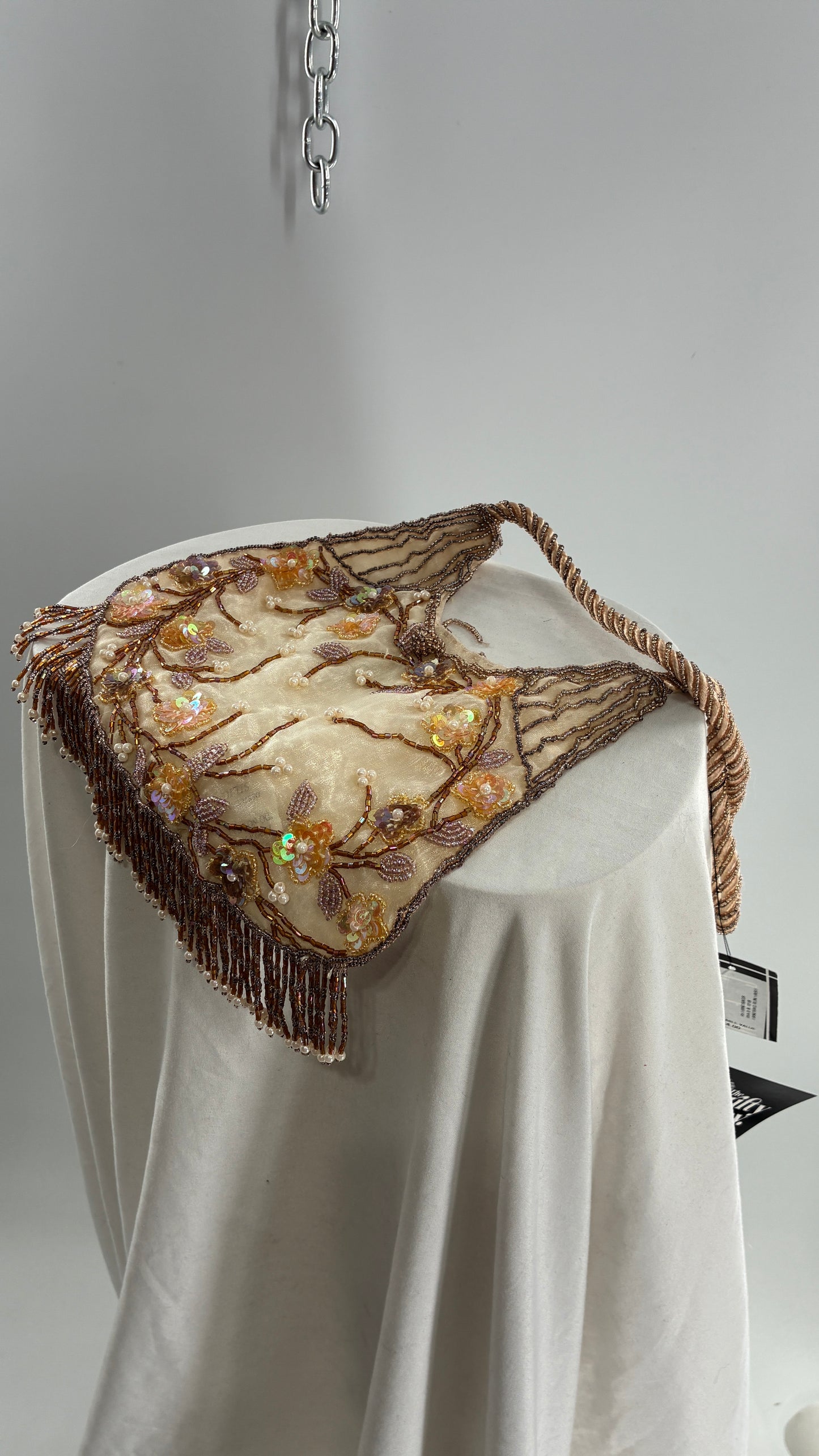 Vintage Deadstock Beige Beaded Fringe Purse with Embroidered Beaded Florals