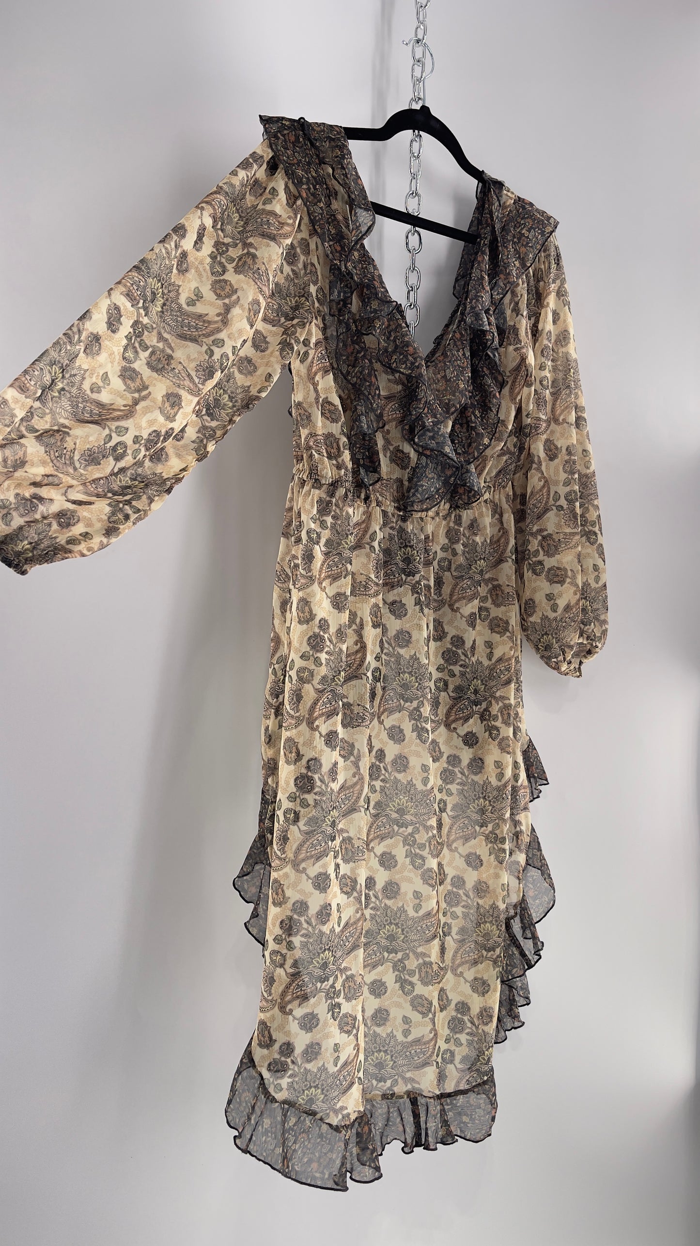 Free People Let Me Be Paisley Dual Toned High Low Sweeping Cape with Ruffled Bust and Hemline with Tags Attached (Small)