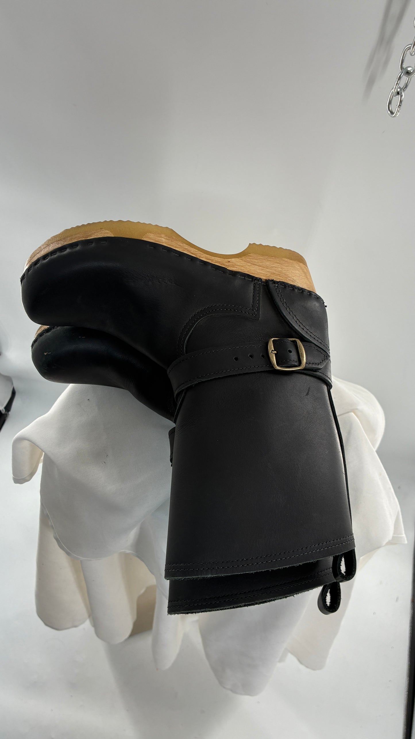 Vintage SVEN Swedish Thick Leather Black Clog Boots with Wooden Sole (38)