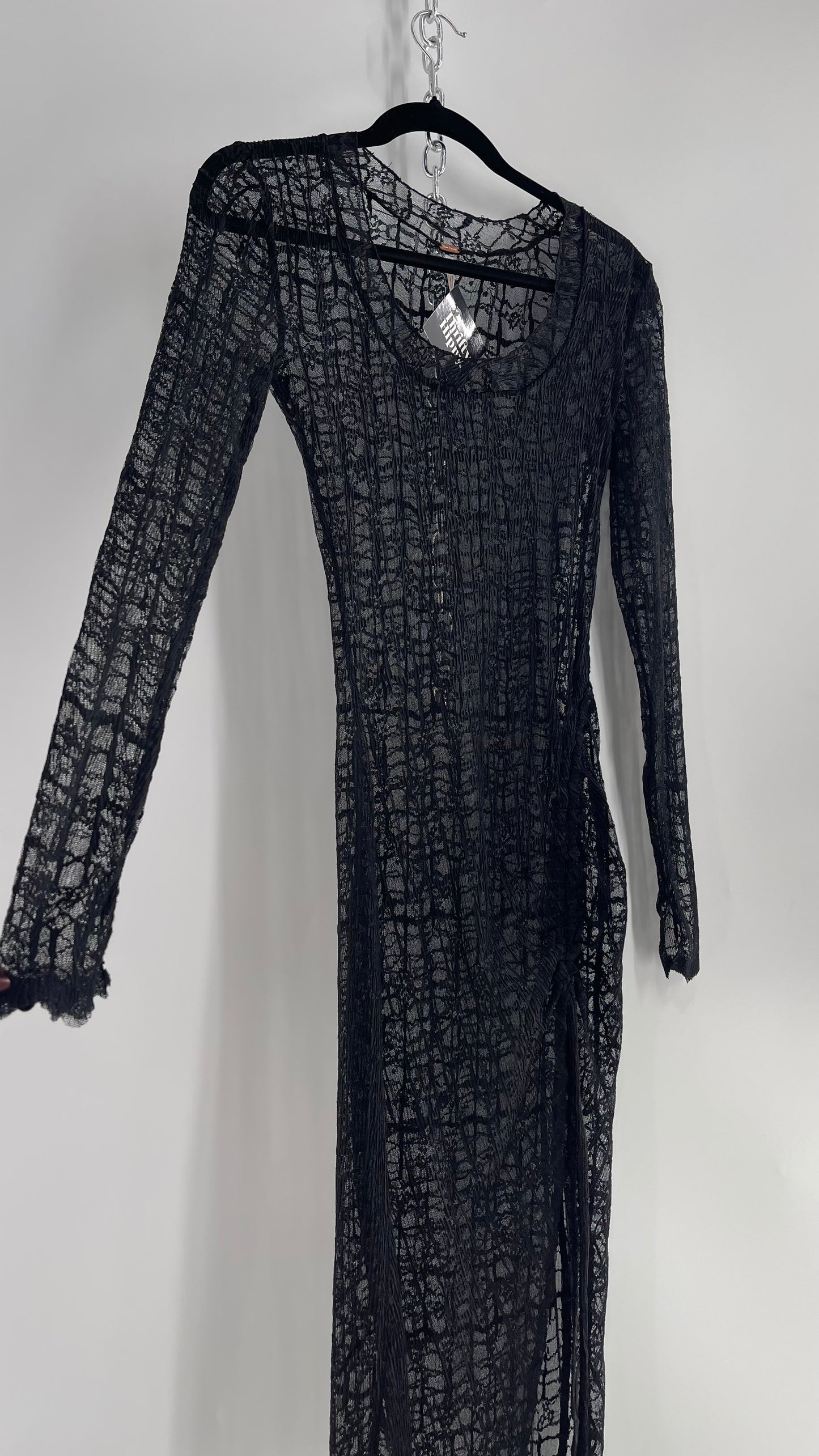 Free People Sabina Black Sheer Crimped Lace Long Sleeve Maxi with Ruched Slit (XS)