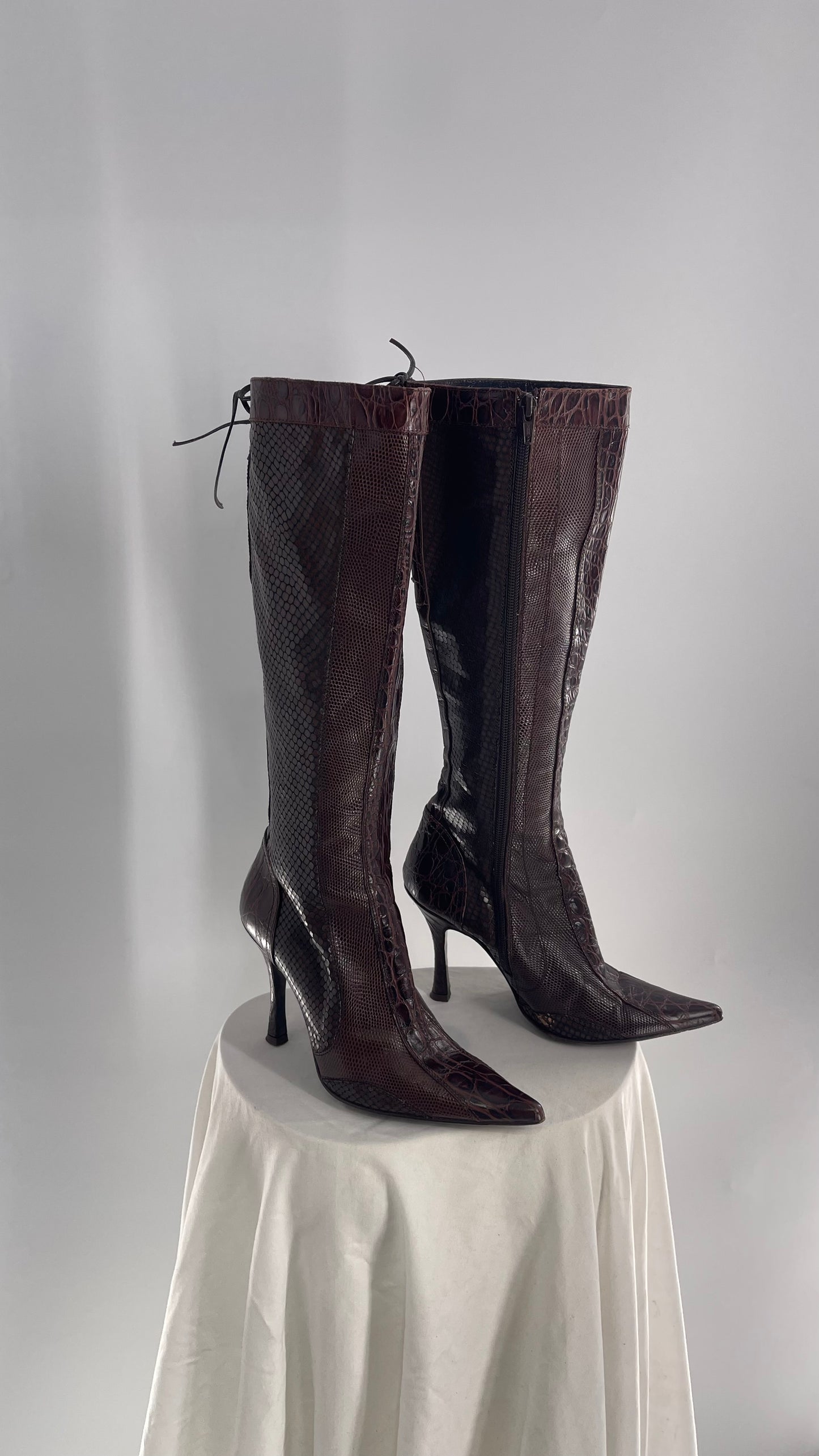 VINTAGE Charles David Paneled Leather Pointed Toe Knee High Boots (6)