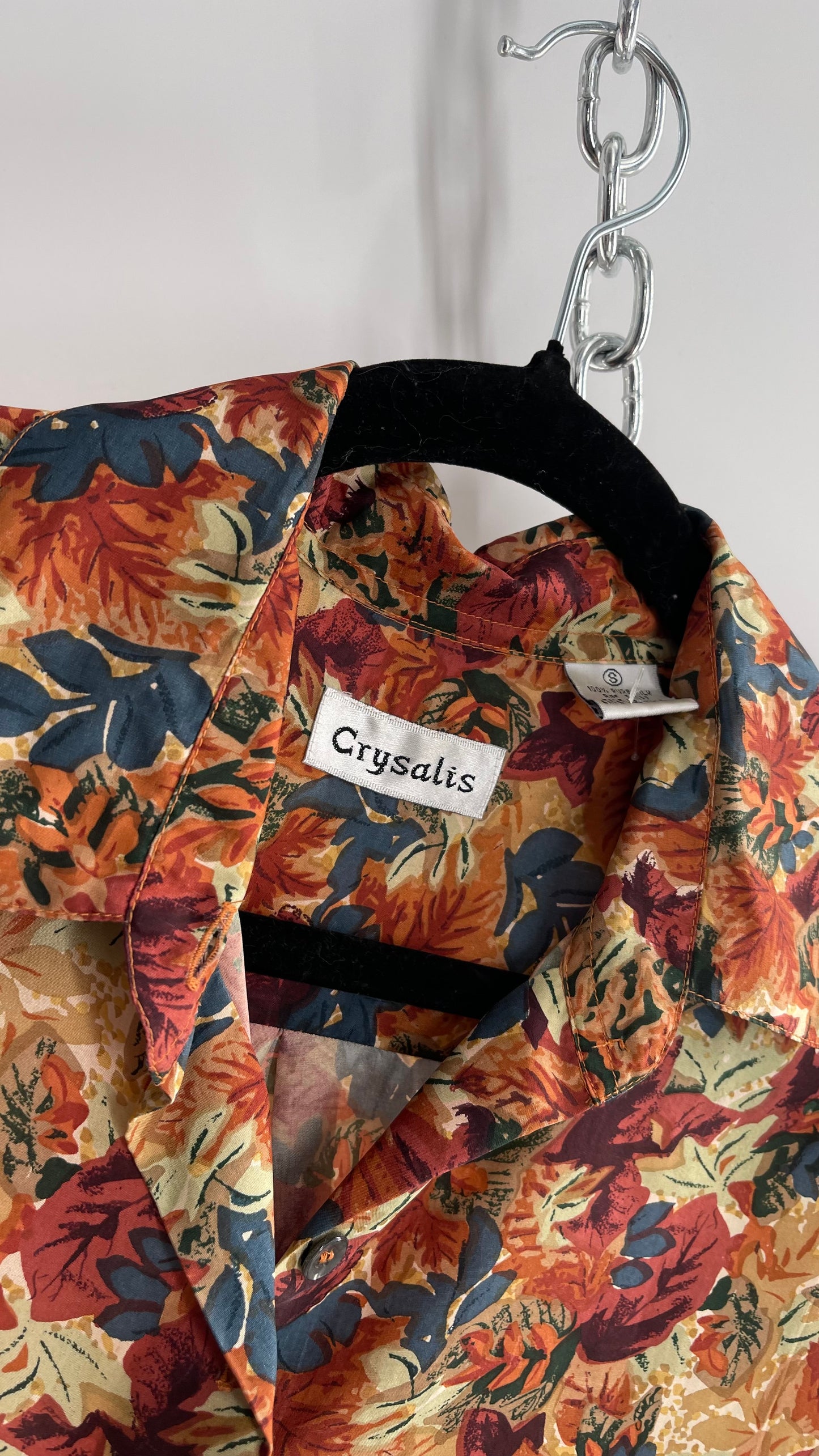 Vintage Crysalis Fall Toned Leaf Patterned 100% Silk Blouse (Small)