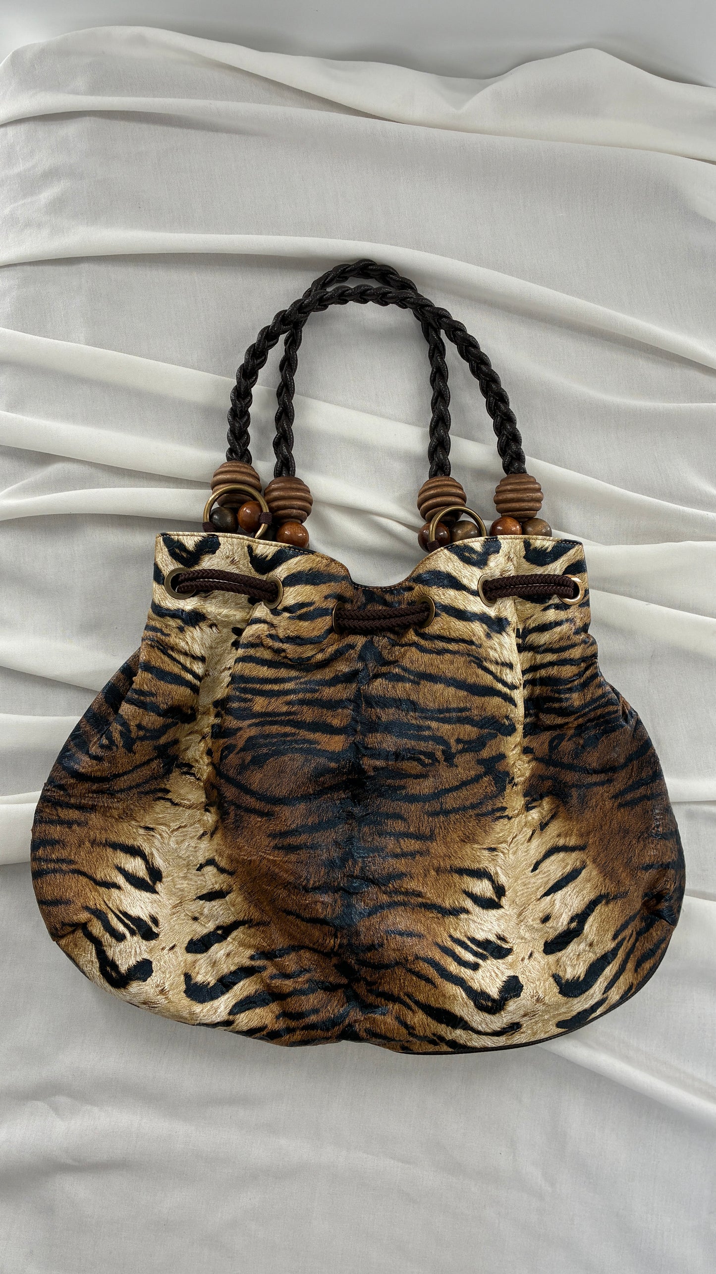 Vintage Oversized Animal Print Slouchy Bag with Braided Leather Strap and Beaded Details