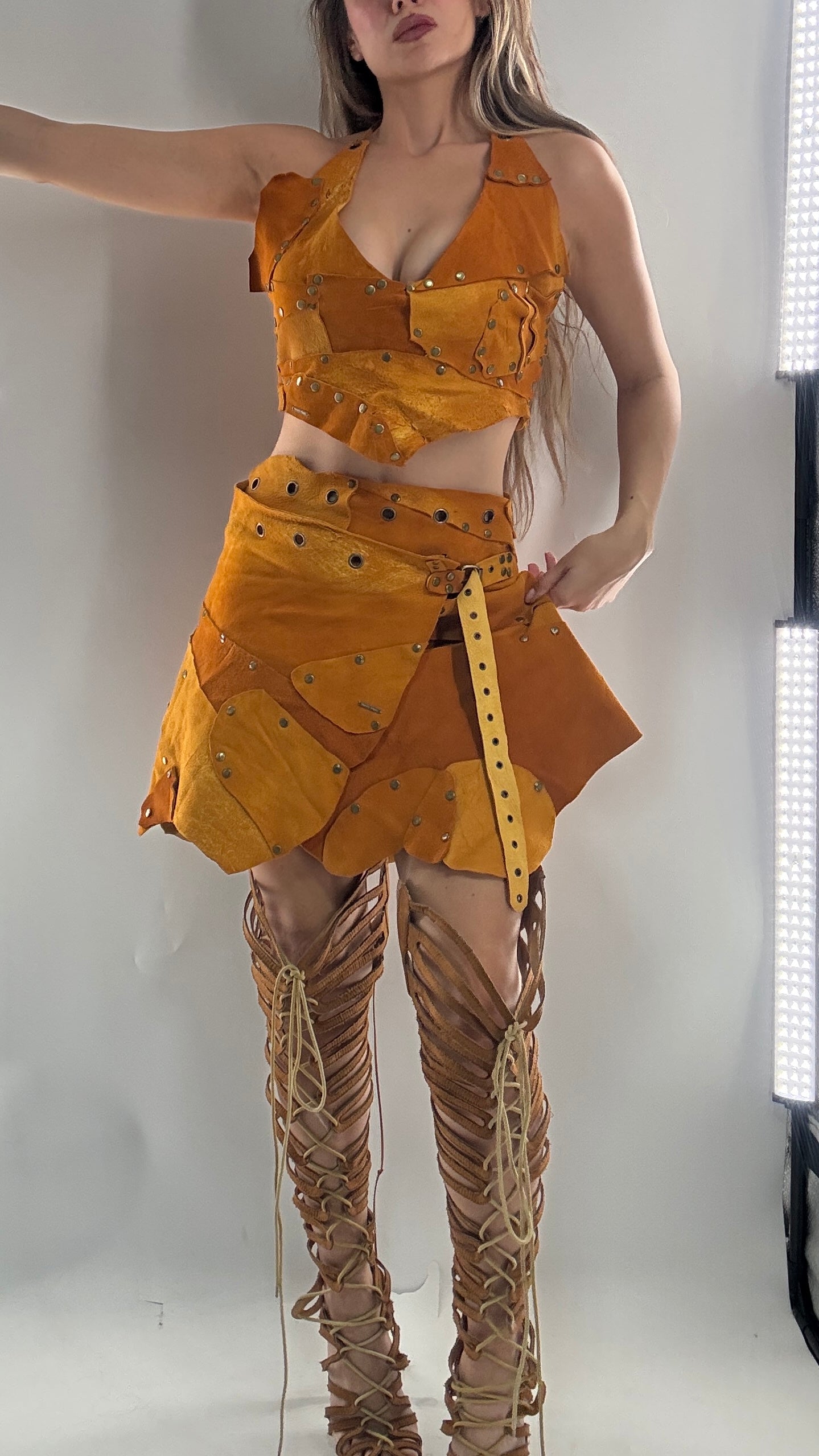 Handmade 1 of 1 and Pressed Genuine Suede and Pebbled Leather Reversible Corset Top and Grommet Skirt Set (XS-M)