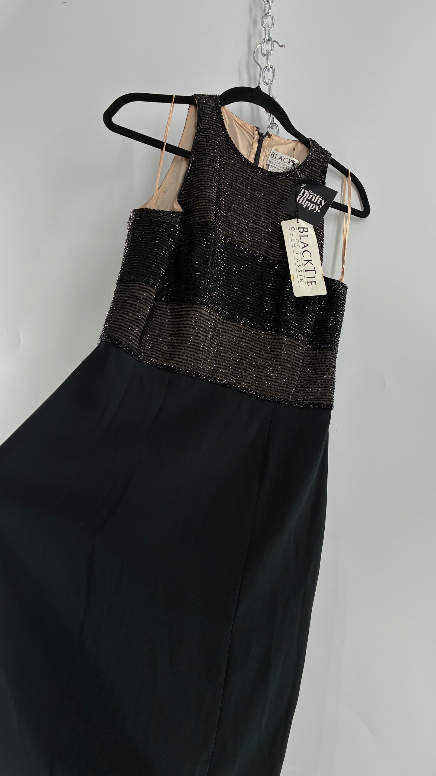 Deadstock Vintage BLACKTIE Oleg Classini Black and Nude Beaded Bodice Dress (10)