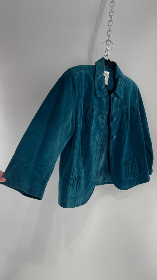 VINTAGE CHICO’s Suede Leather Teal Blue Cropped Bolero Blazer (Large)