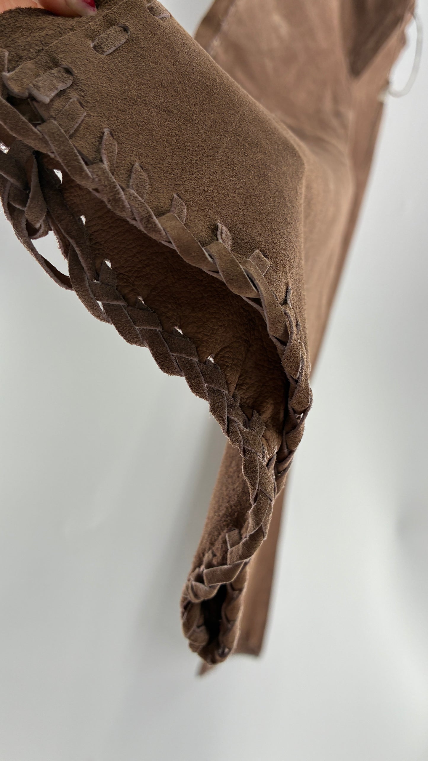 Vintage SWEET ROMEO Suede Leather Stitch Side, Braided Hem Pants (10)