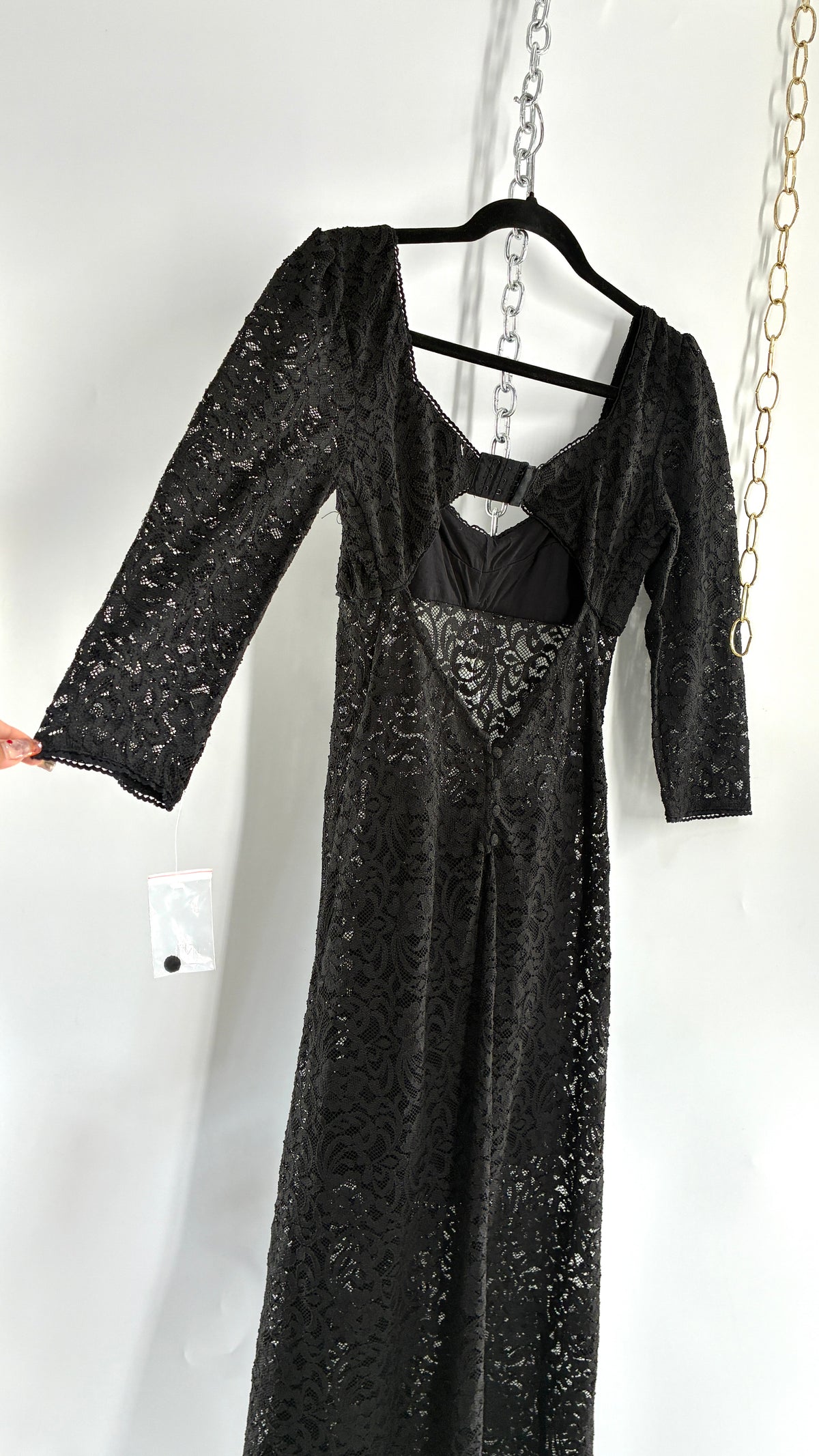 Free People Adored Black Lace Open Back Maxi with Button Bag (Small)