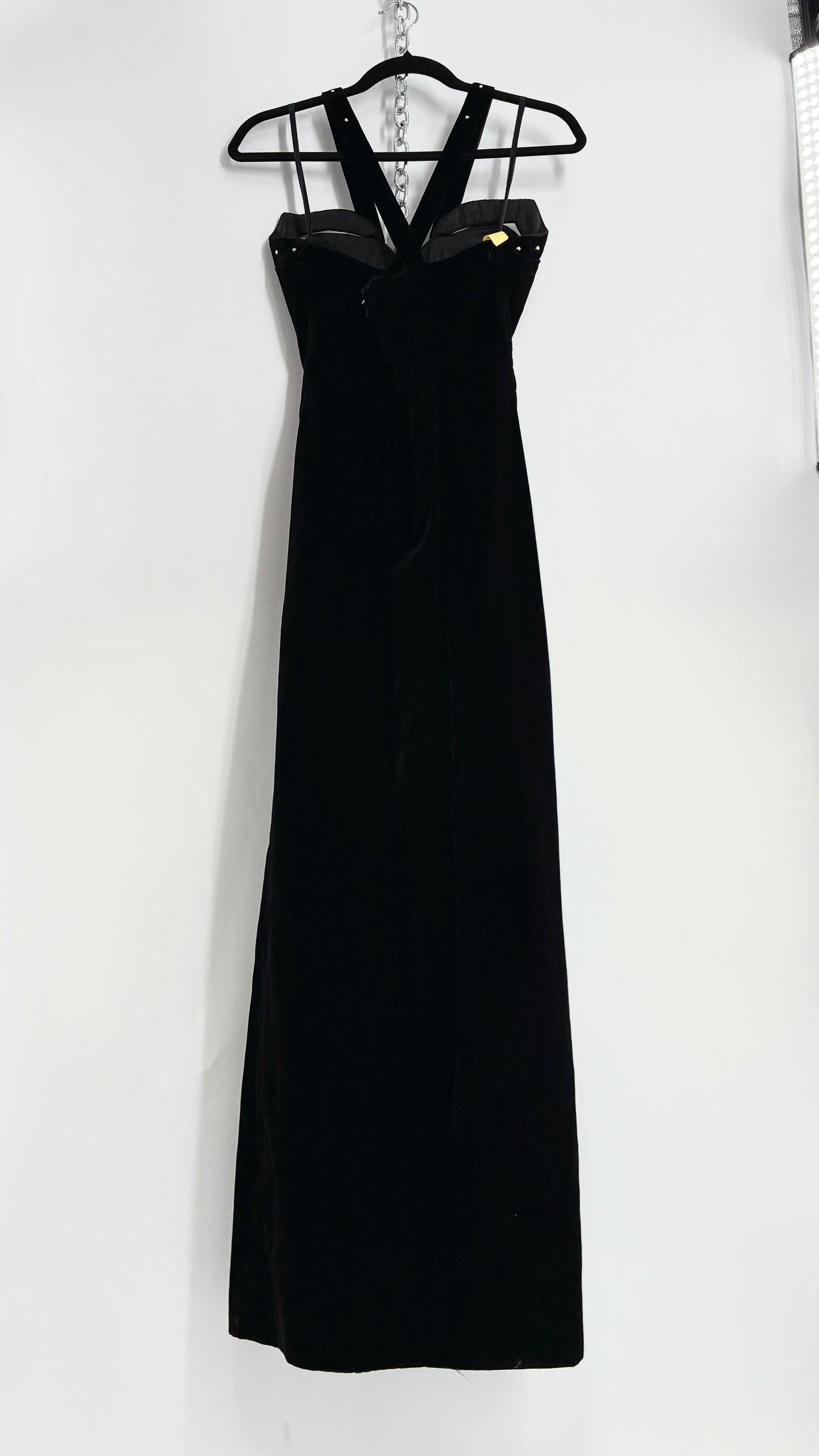Vintage Handmade Velvet Gown with Pointed Bust Lined in Rhinestones and Dramatic Side Slit (S/M)