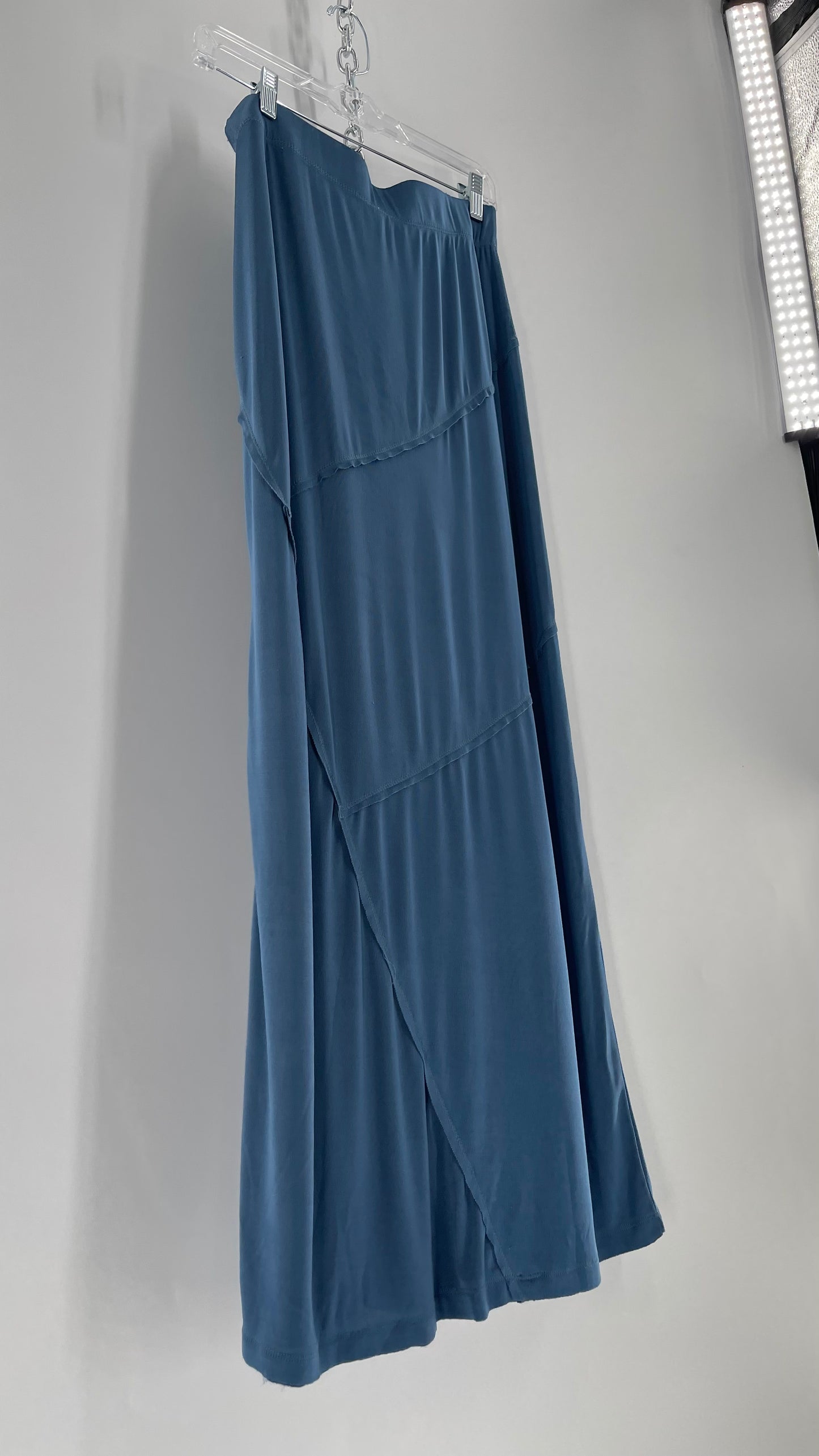 Free People Slinky Blue Long Skirt with Abstract Seam Stitching (Medium)