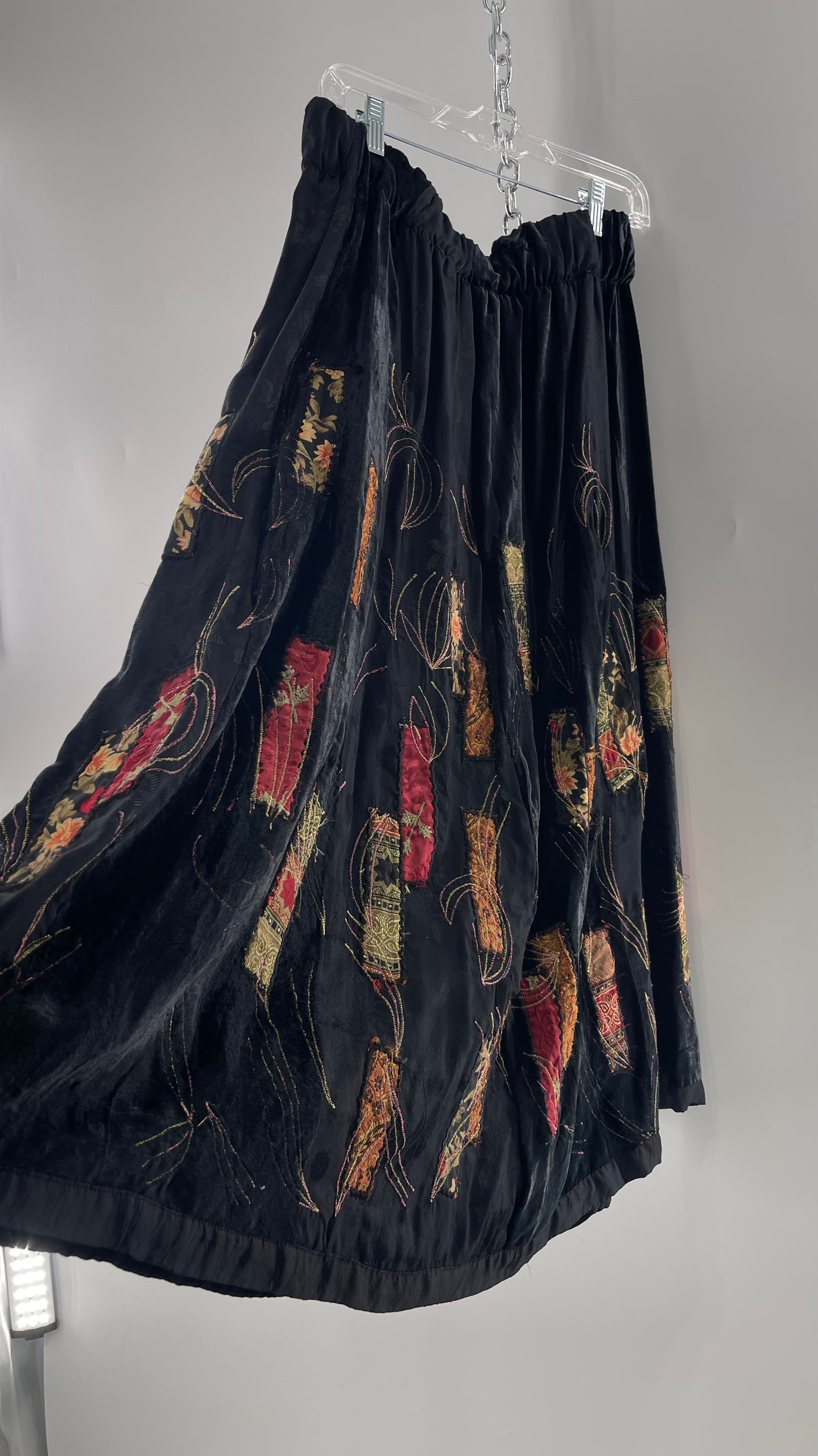 Vintage Black Velvet and Embossed Florals Patchwork Skirt with Metallic Stitch Detailing with Lining and Thick Waistline (M)