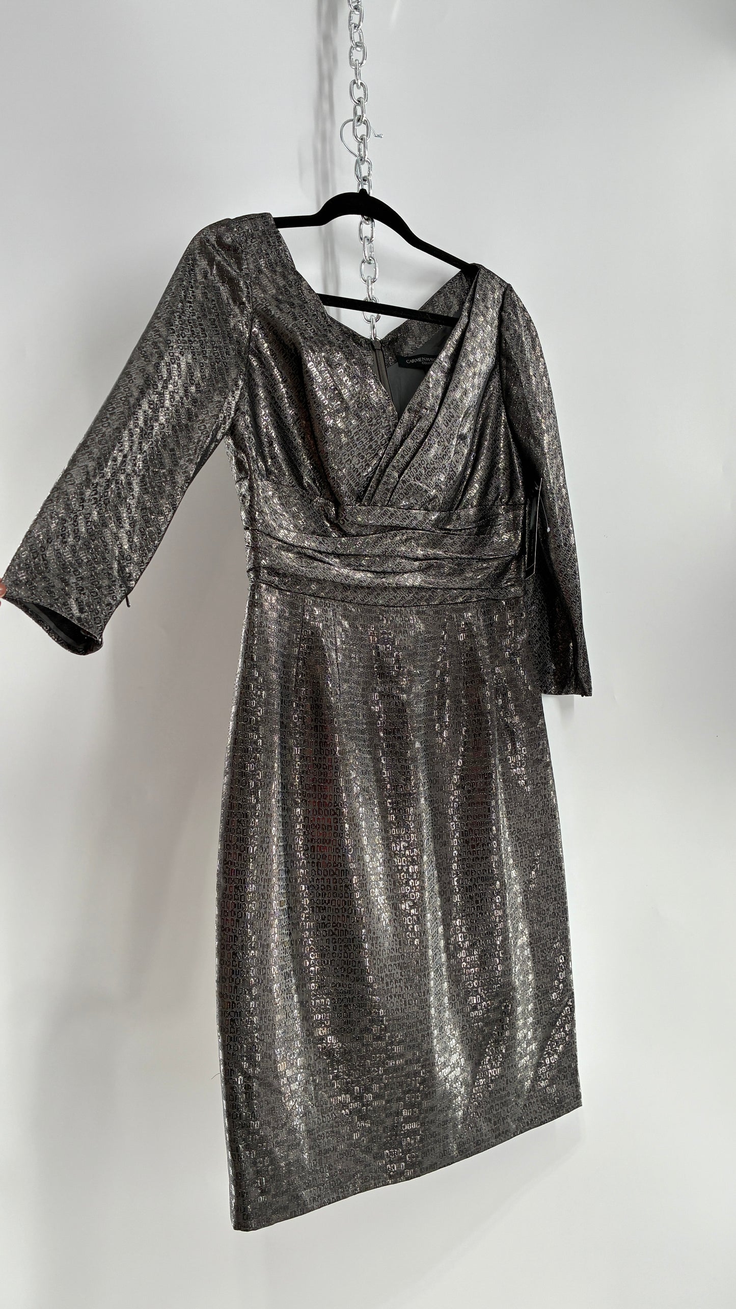 Vintage CARMEN MARC VALVO Metallic Liquid Silver Dress with Tags Attached (6)