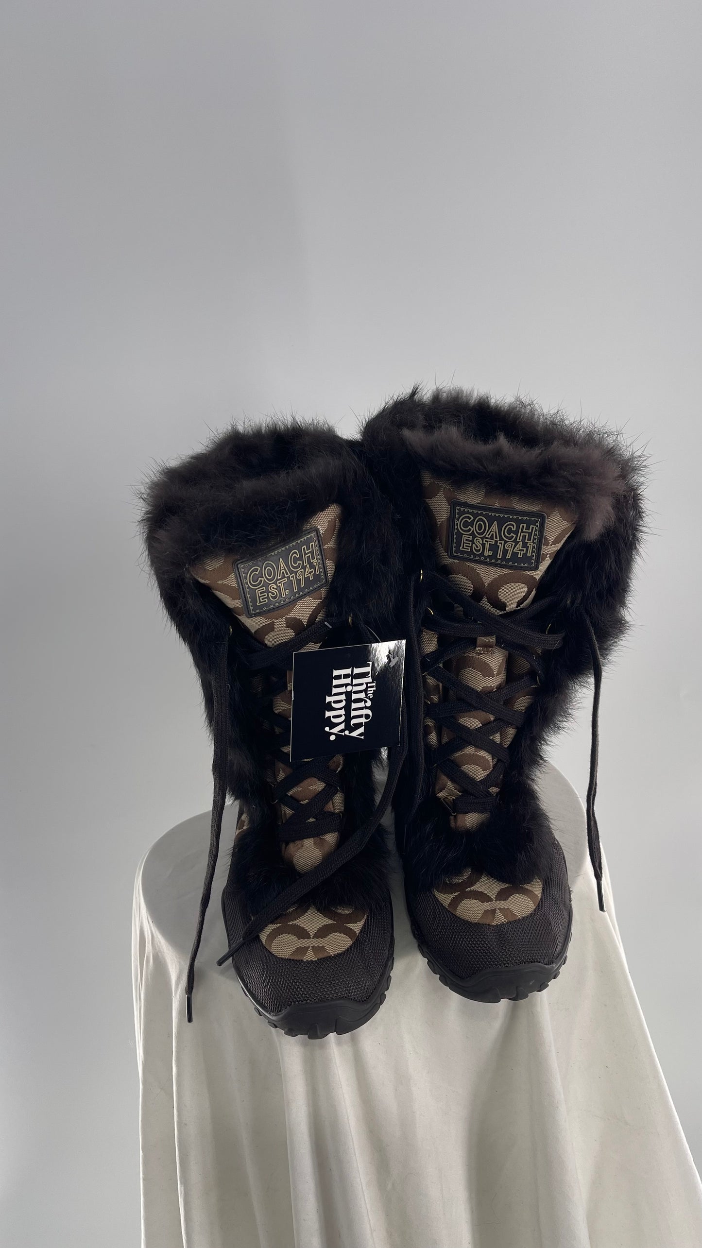 COACH Jennie Signature Quilted All Over Monogram Print Winter Boot with Rabbit Fur Trim (9)