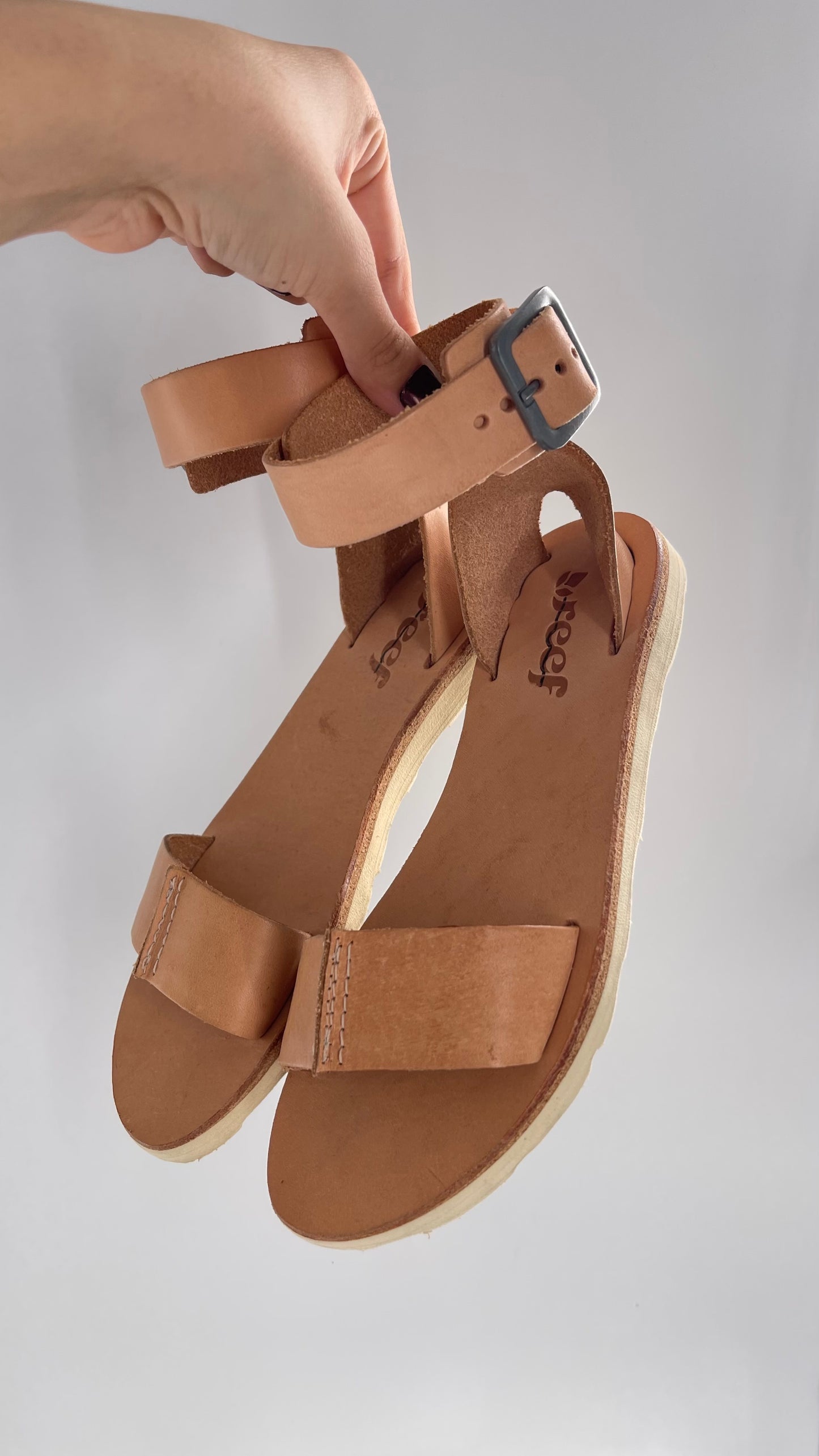 Free People Reef Light Nude / Tan Leather Sandals with Thick Ankle Strapped Buckle (6)