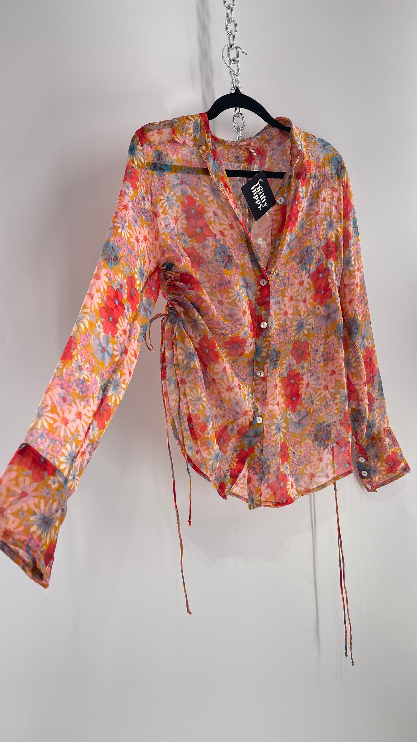 Free People Sheer Orange Floral Button Up with Ruched Sides (XS)