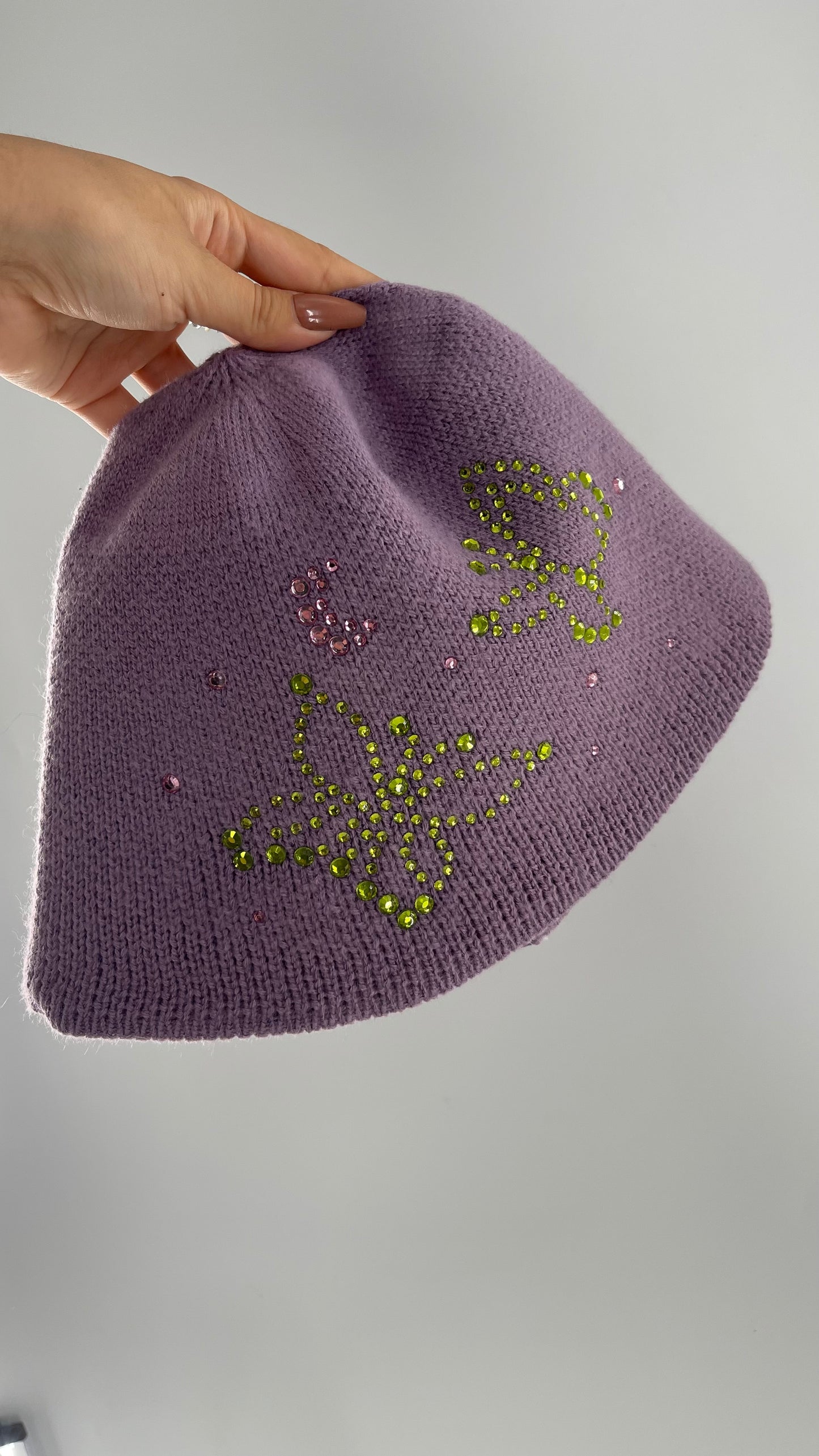 Urban Outfitters Lavender/Lilac Purple Knit Bucket Hat with Rhinestone Butterfly Details