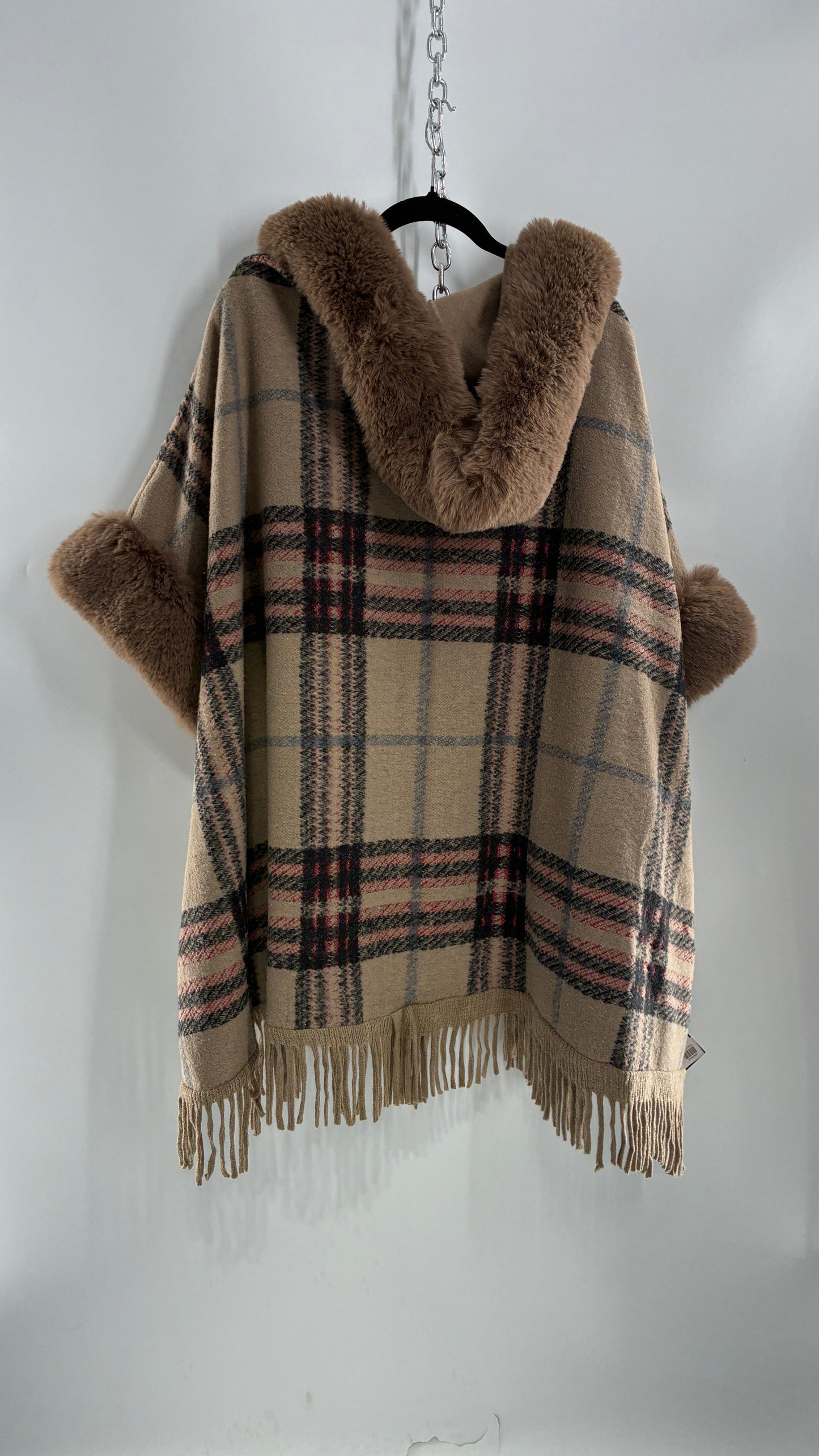 FADIVO NEW YORK Plaid Taupe Cape with Fur Trim and Tags Attached (OS)