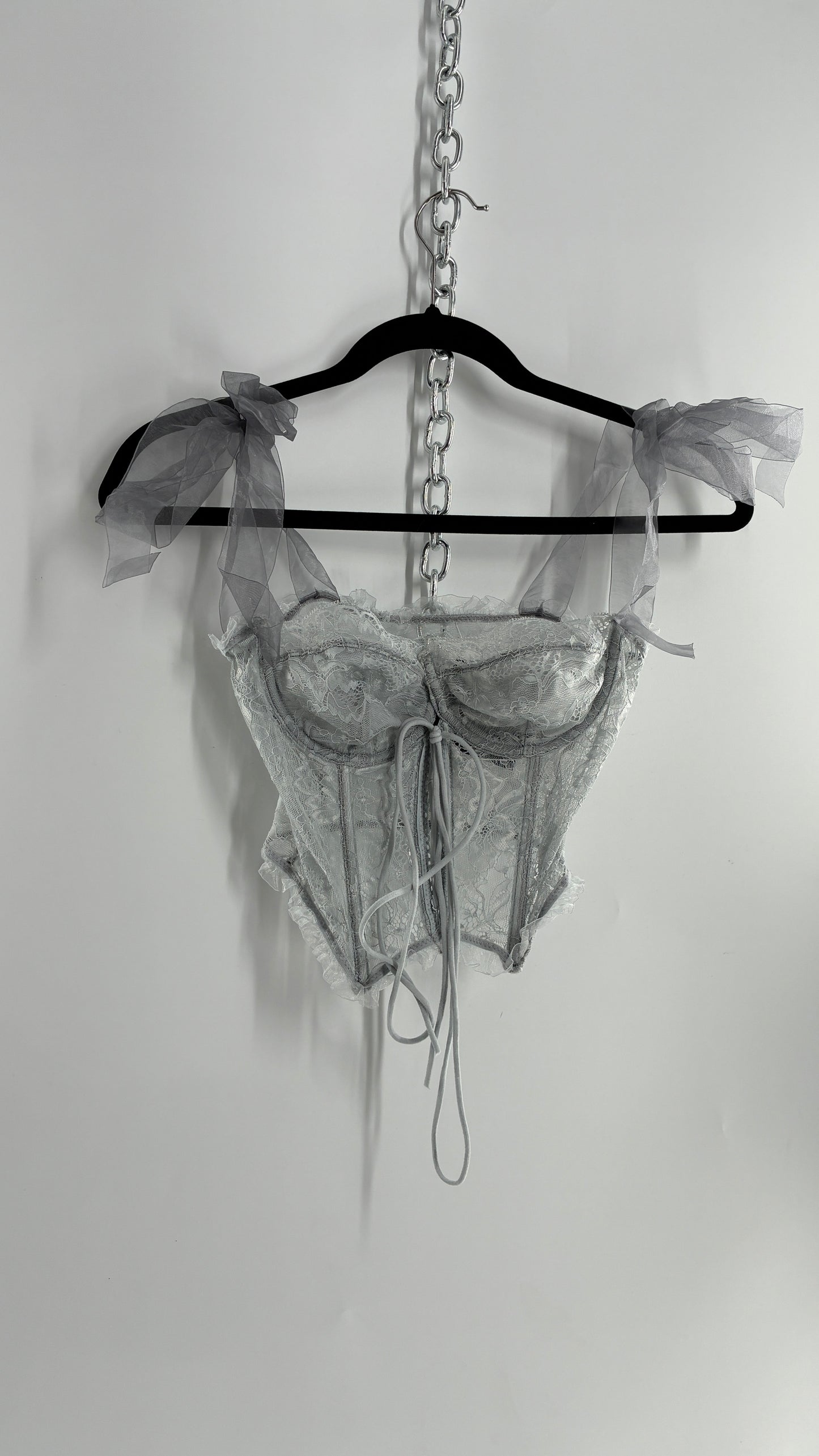 Vintage Light Grey Pointed Hem Lace Corset with Shoulder Bows (XS)