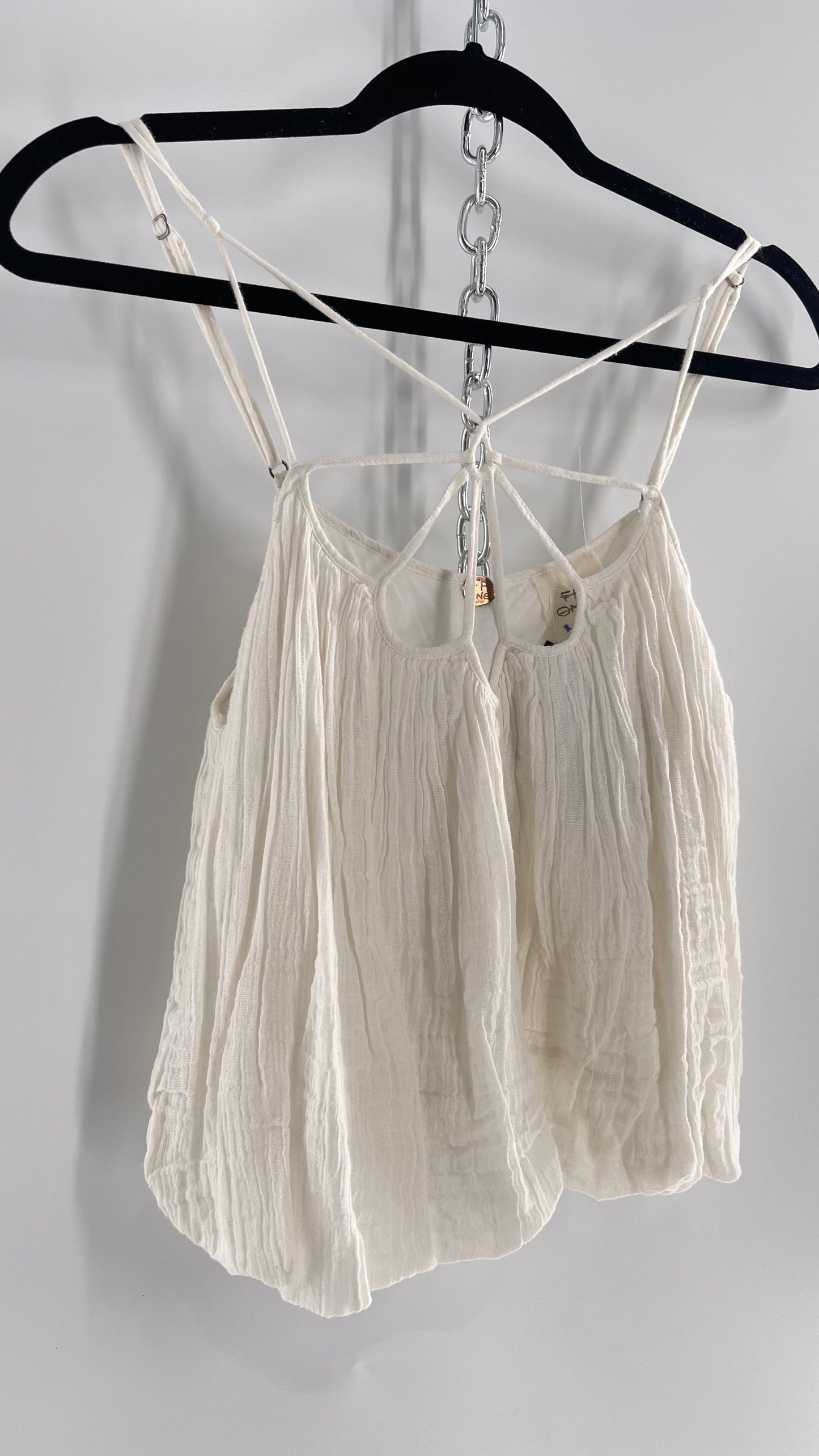 Free People White Cotton Bubble Sleeveless Blouse with Strappy Neckline (M)