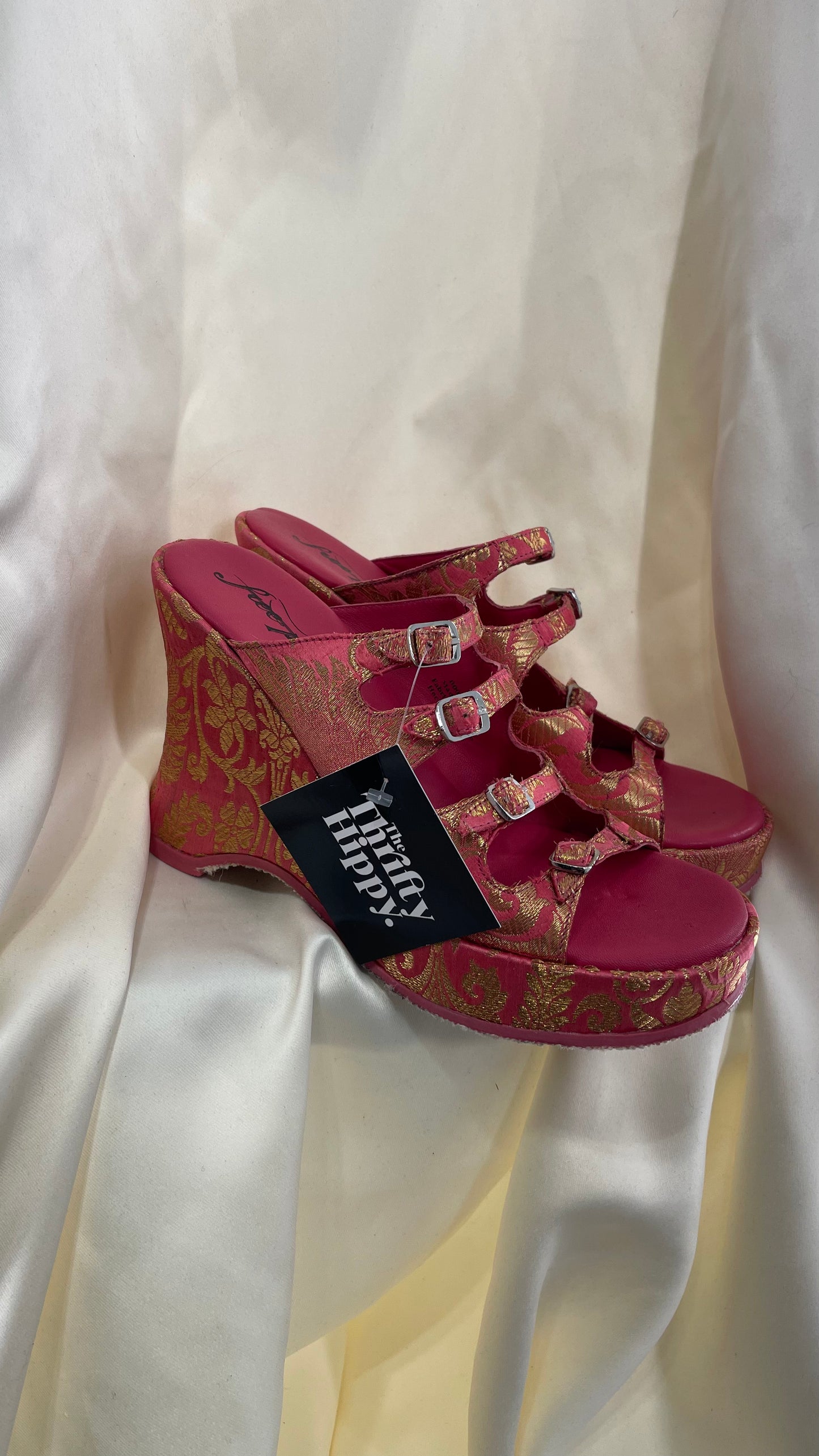 Free People Hot Pink Hoffman Buckle Front Wedge Heels with Satin Gold Paisley/Brocade Pattern (37)