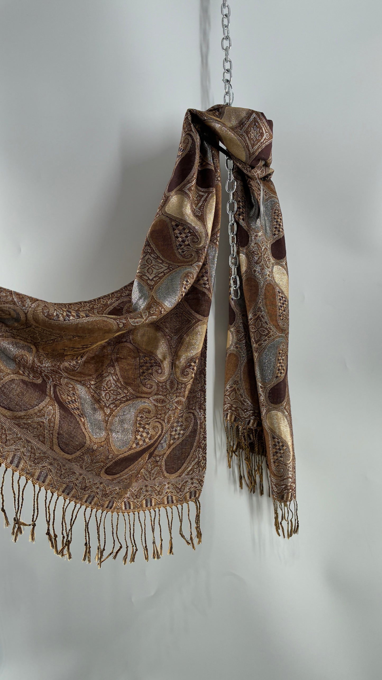 Vintage Paisley Metallic Knit Bronze and Silver Scarf