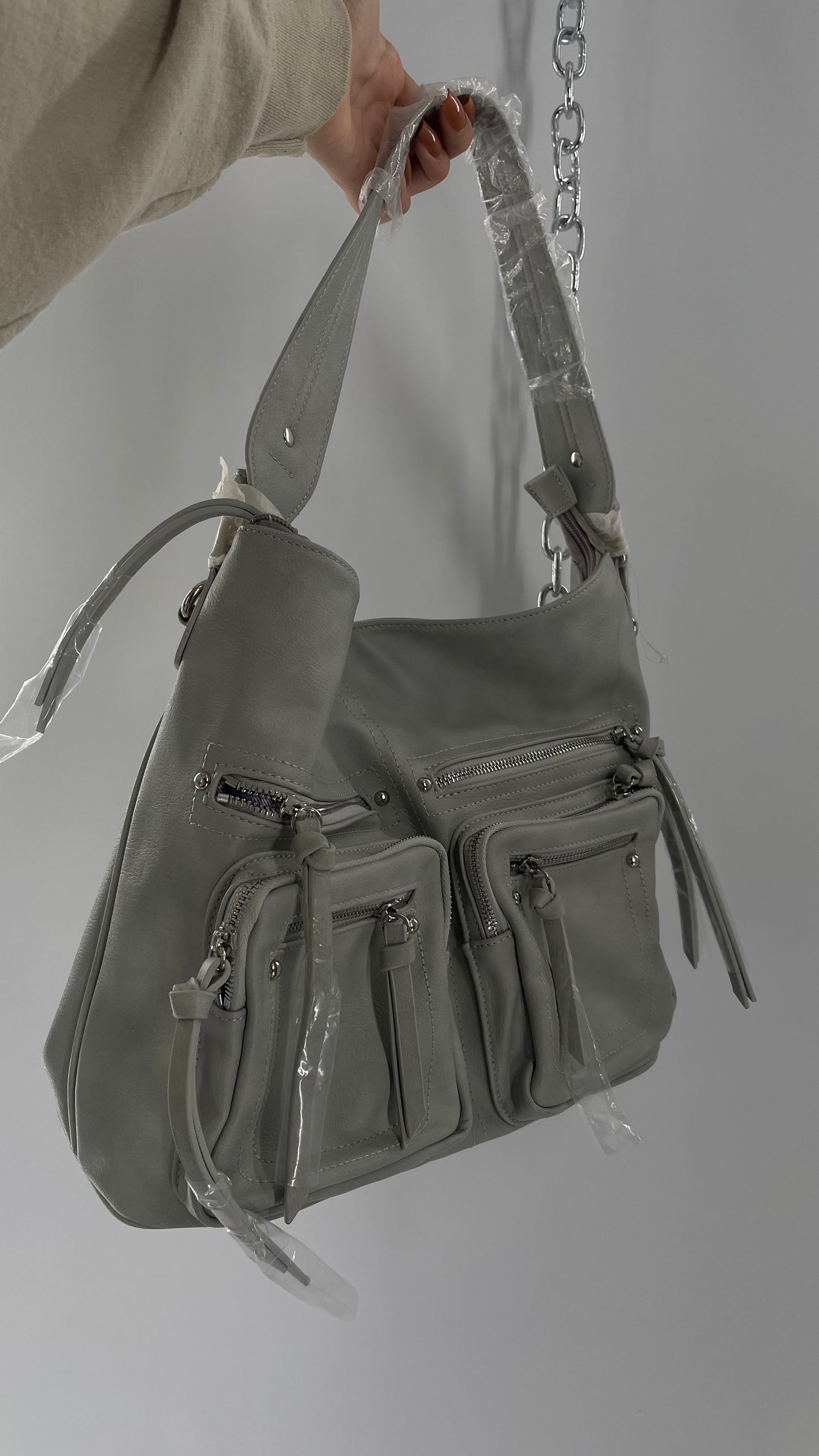 Free People Grey Leather Bag with Heavy Silver Metal Detailing, Pockets and Extra Strap