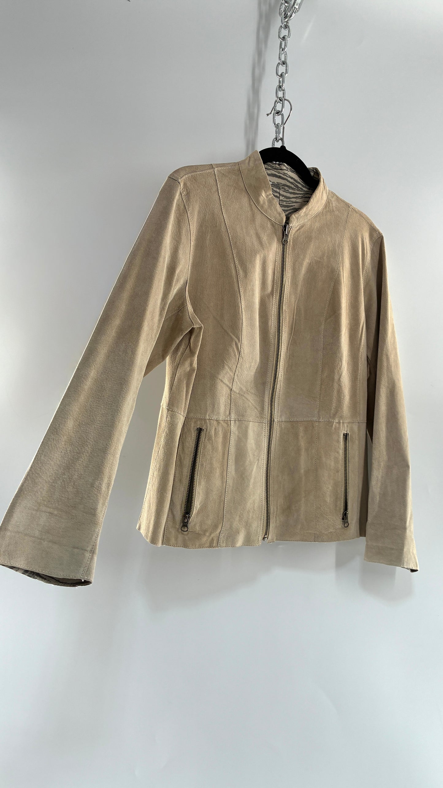 Vintage Reversible Thin Genuine Suede Leather Zip Up Jacket Beige/Zebra (Medium)