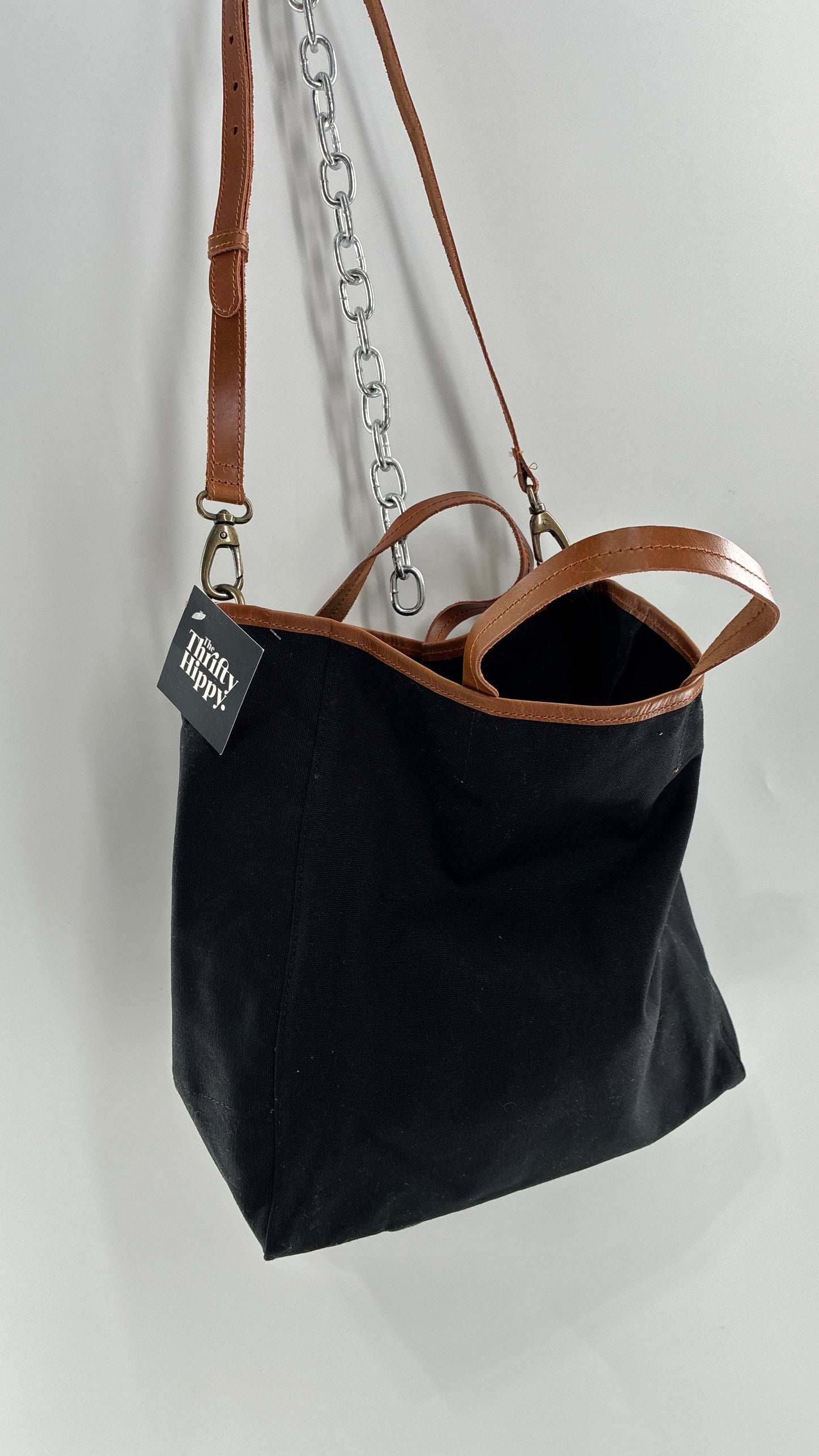 Urban Outfitters Large Black Cotton Tote Bag with Inner Pockets, Genuine Leather Lining and Straps