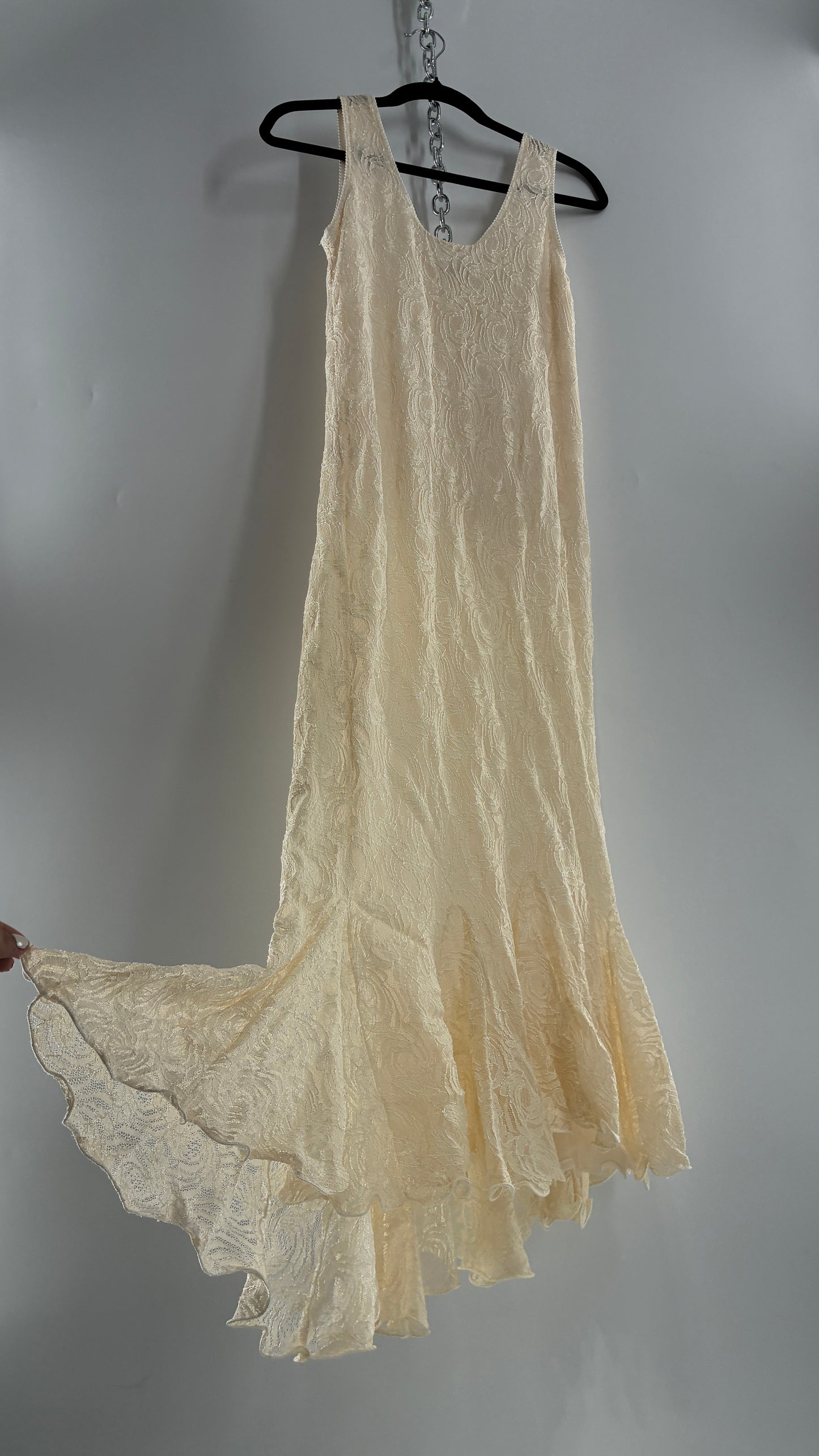 Vintage SARA MIQUE New York Off White Maxi Dress and Balloon Sleeve Cardigan Set (M)
