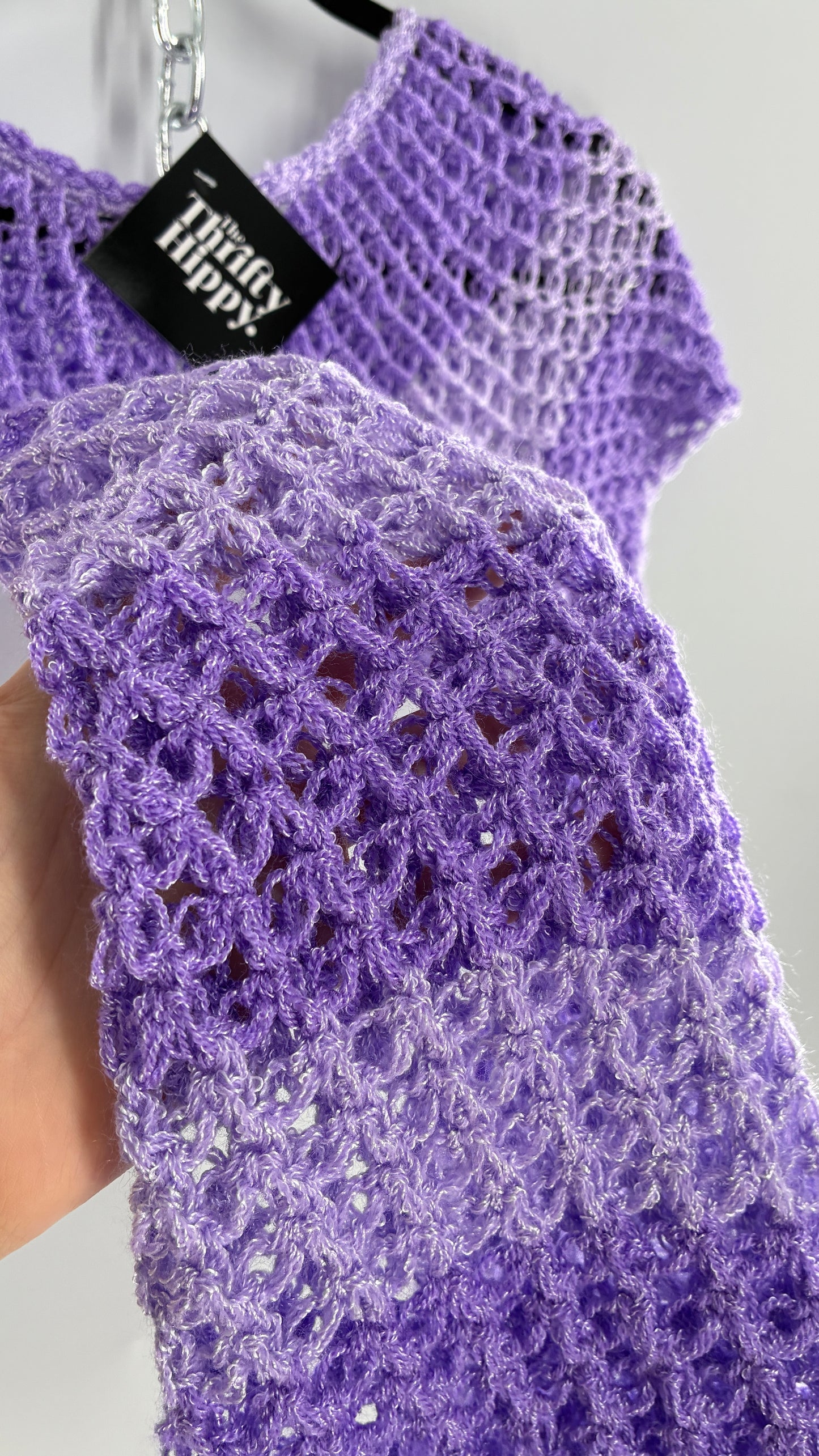 Vintage Handmade Striped Lilac and Purple Crochet Puff Sleeve Top (Small)