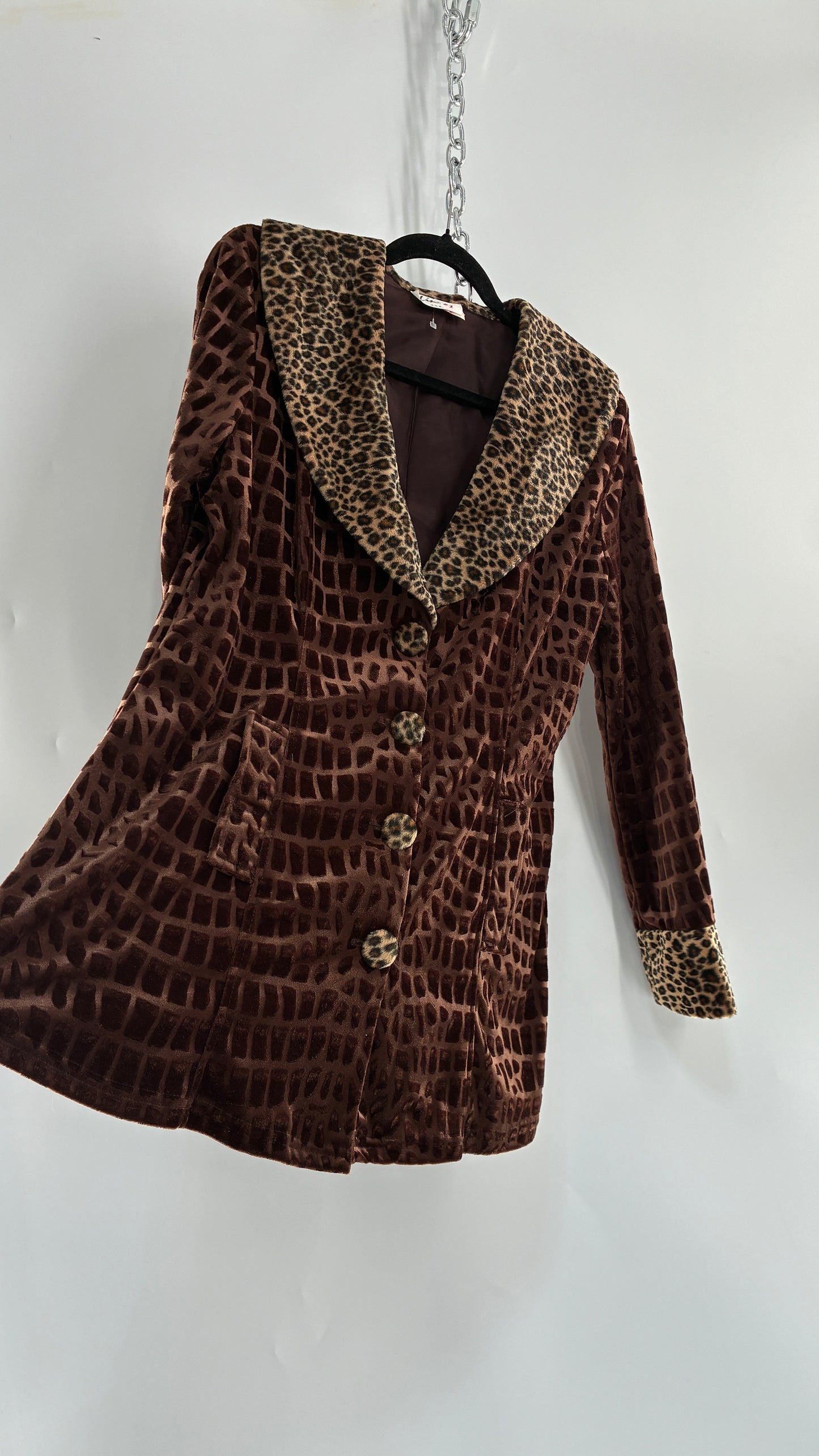 Vintage LINE #1 1990s Cheetah Print Velour Overcoat with Collar, Cuffs, and Oversized Buttons (XL)