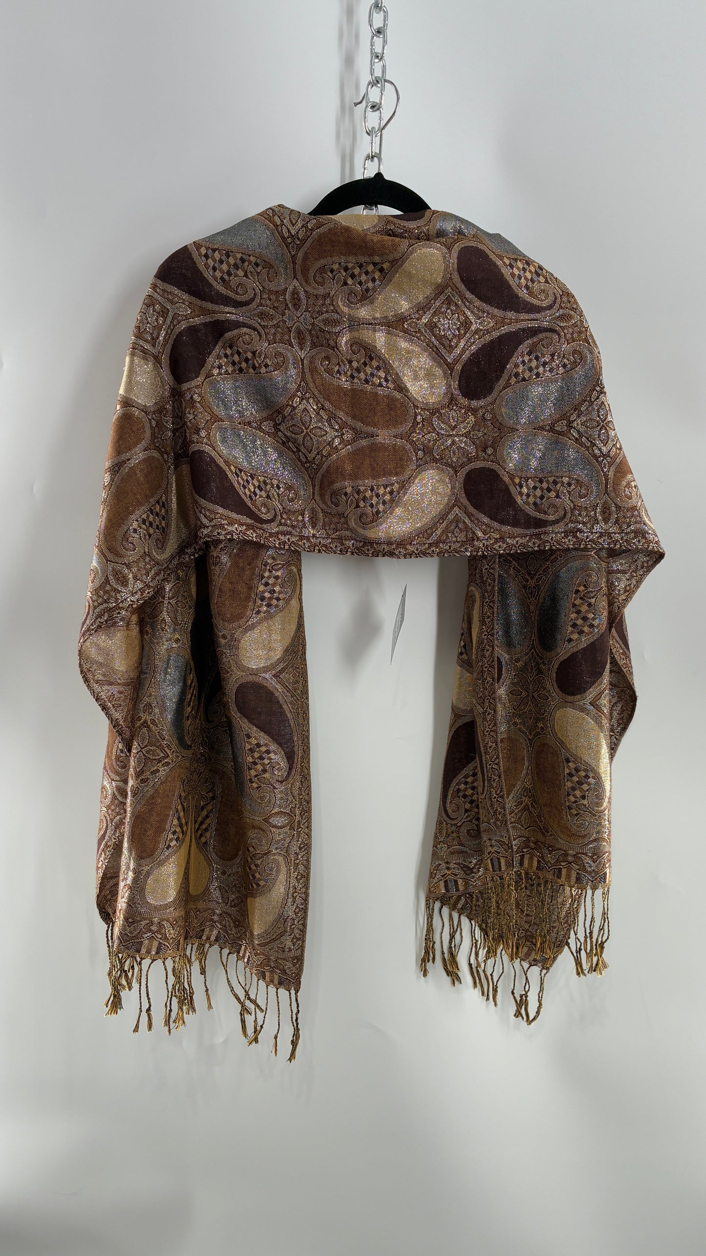 Vintage Paisley Metallic Knit Bronze and Silver Scarf