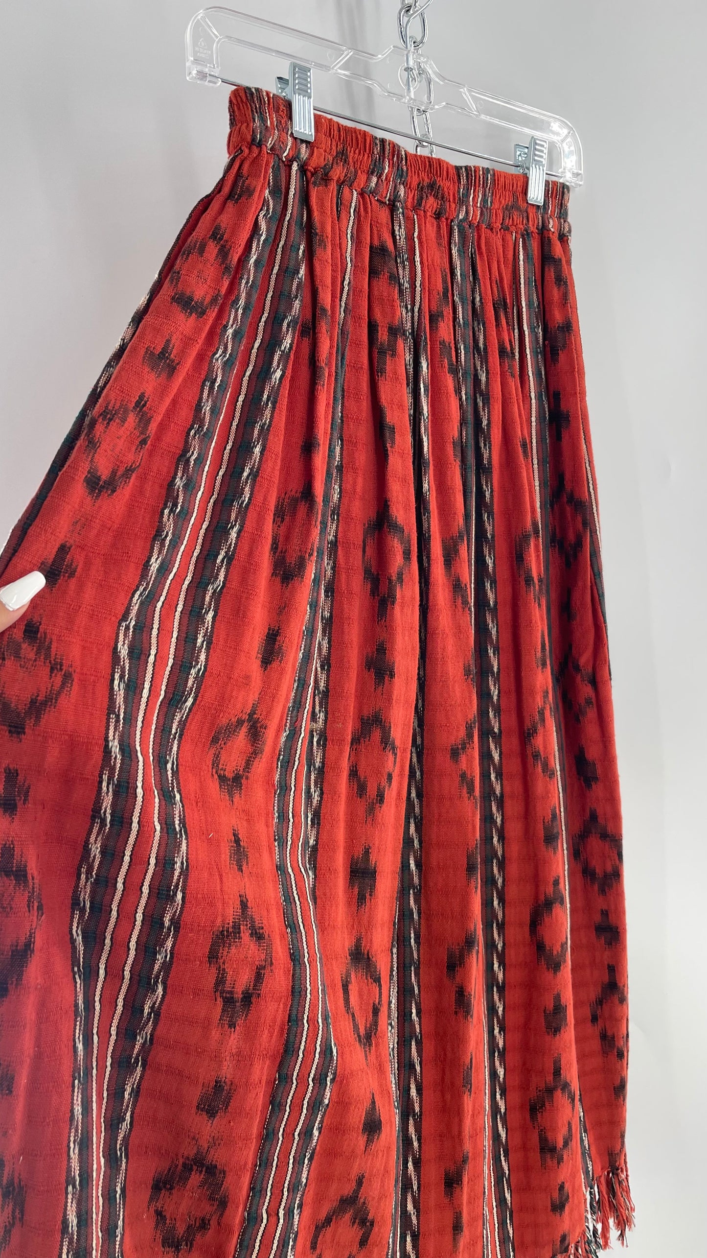 Vintage 100% Cotton Hand Woven Moon Weaver Burnt Orange Dessert Skirt  with Fringe (M/L)