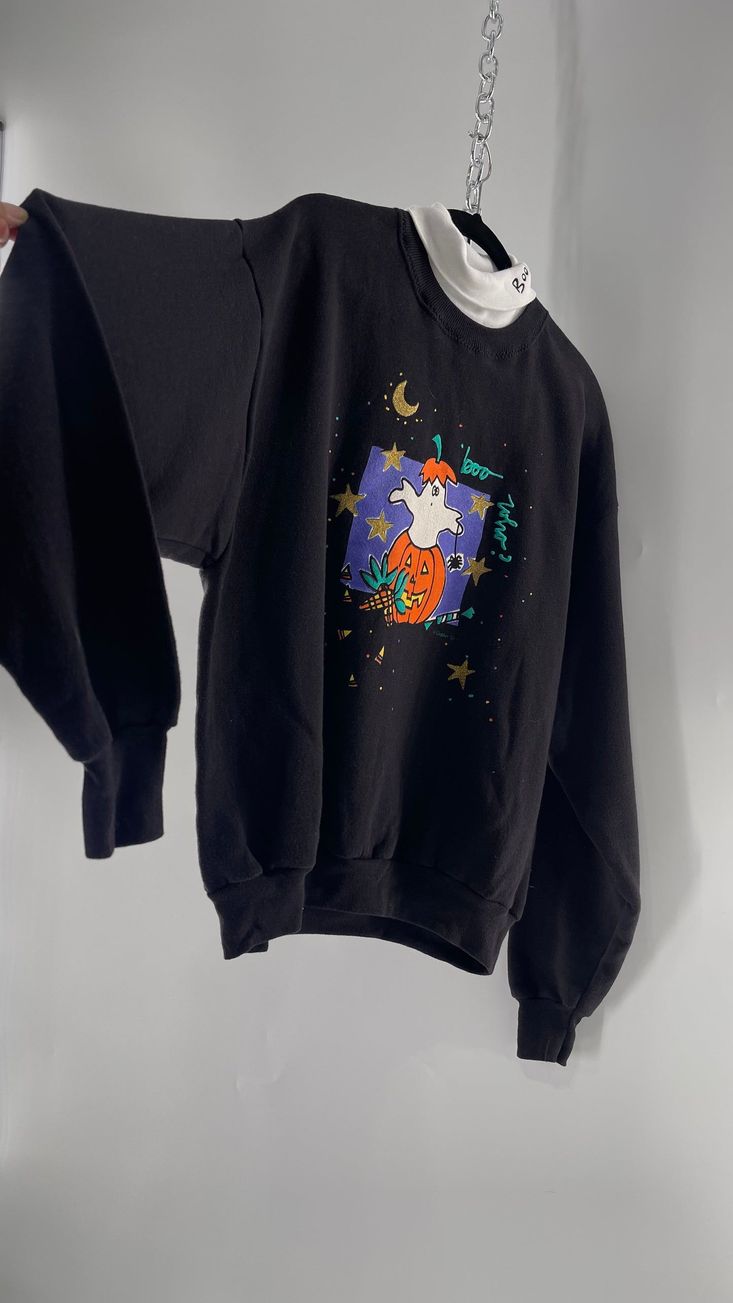 Vintage Black Halloween Graphic Crewneck with White Turtleneck Detail and Boo Embroidery (Large)