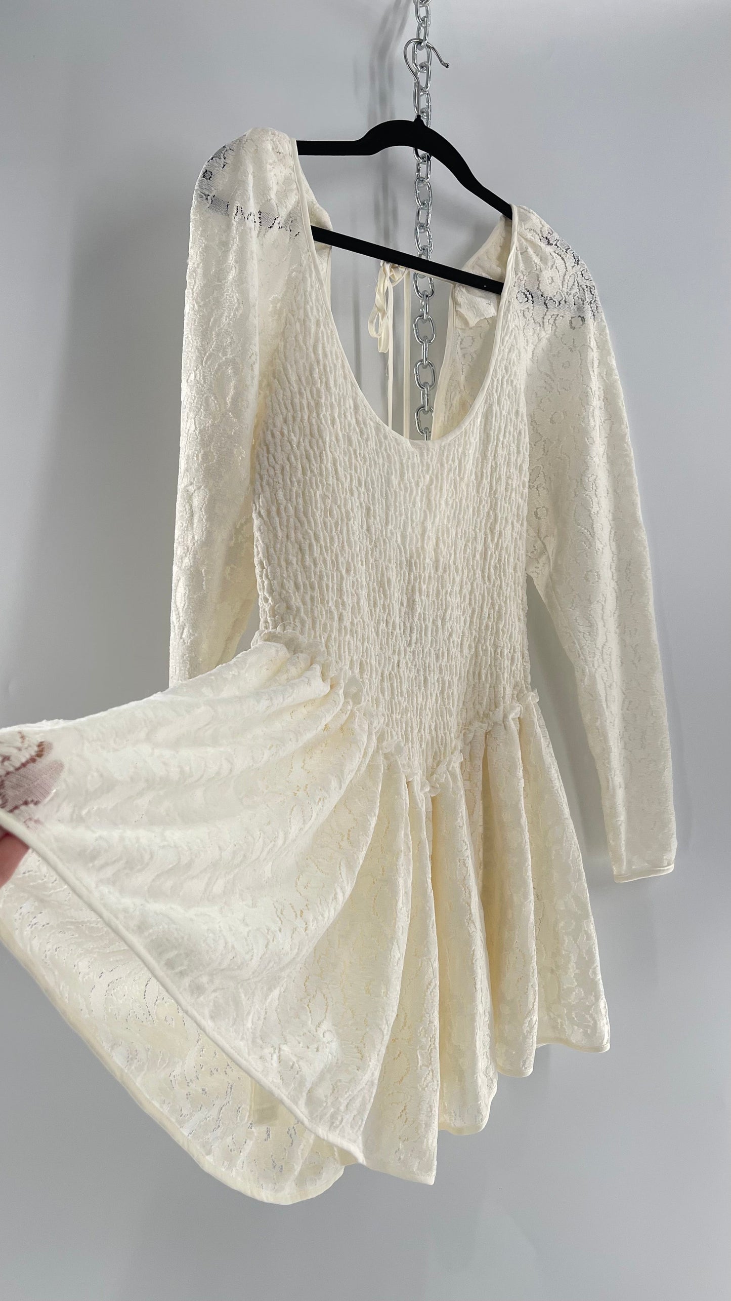 Free People White Velvet Lace Mini Dress (Small)