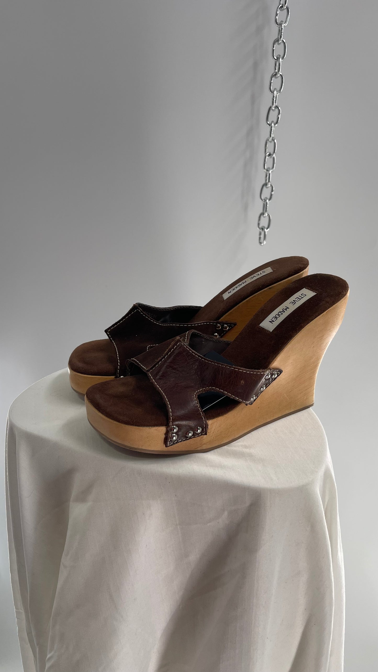 STEVE MADDEN Brown Suede Leather Strappy Wooden Wedge Heel Sandal (10)