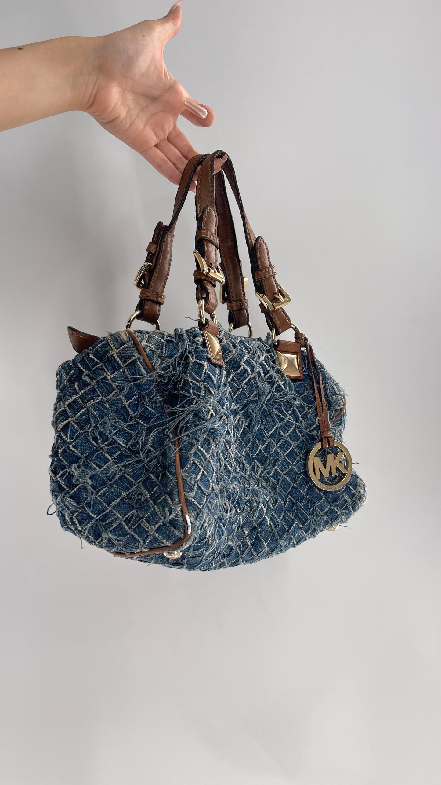 Vintage Michael Kors Woven Distressed Denim Bag with Leather Straps and Gold Hardware